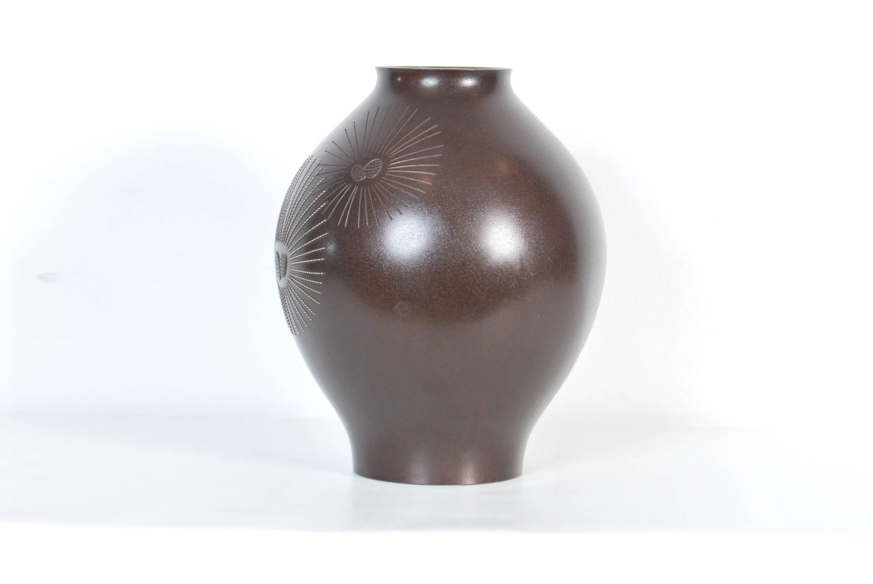 Early 20th Century Vintage Japanese Bronze Vase with Silver Pine Needle Inlay, Taisho Period