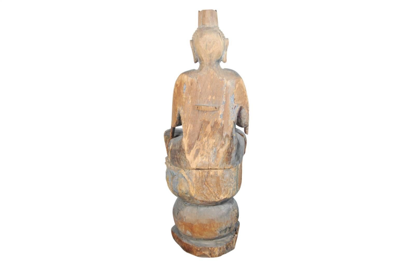 Wood Japanese Carved Statue of Buddha For Sale