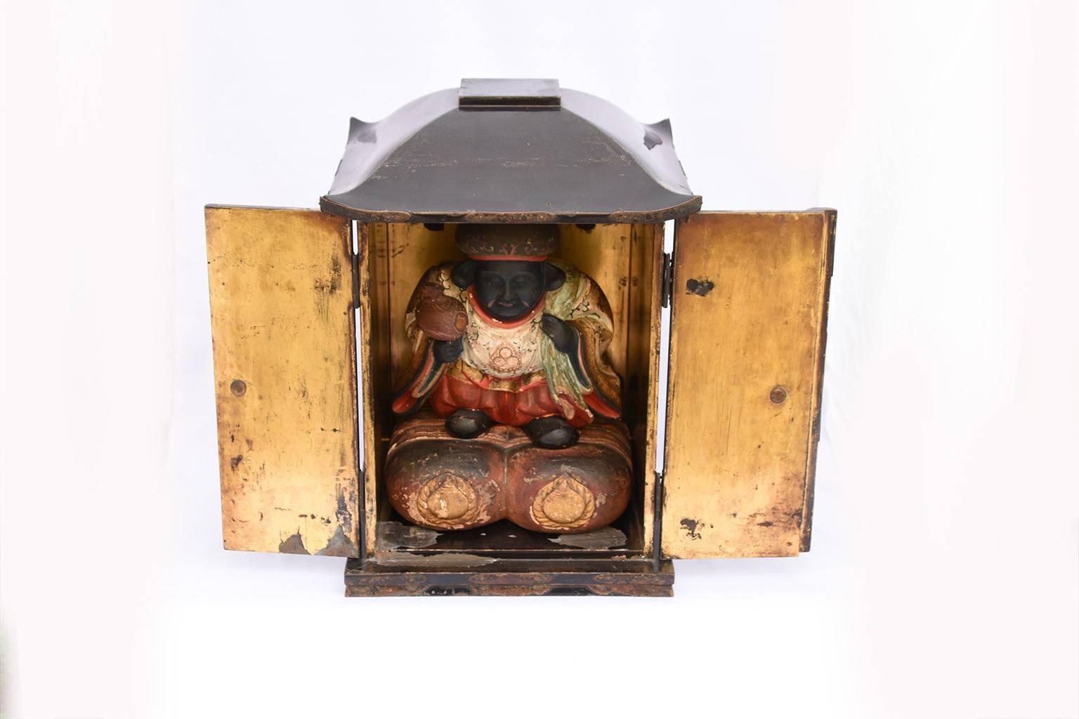 Rare Antique Japanese Statue of Daikoku in Gilt Zushi, circa 18th