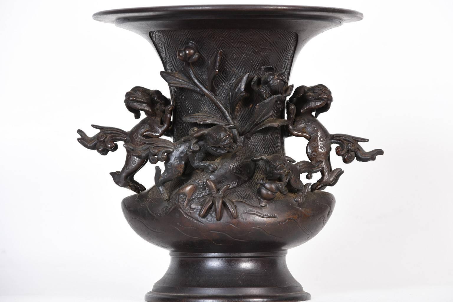 Cast Antique Japanese Bronze Vase with Shi Shi Handles, circa 19th Century
