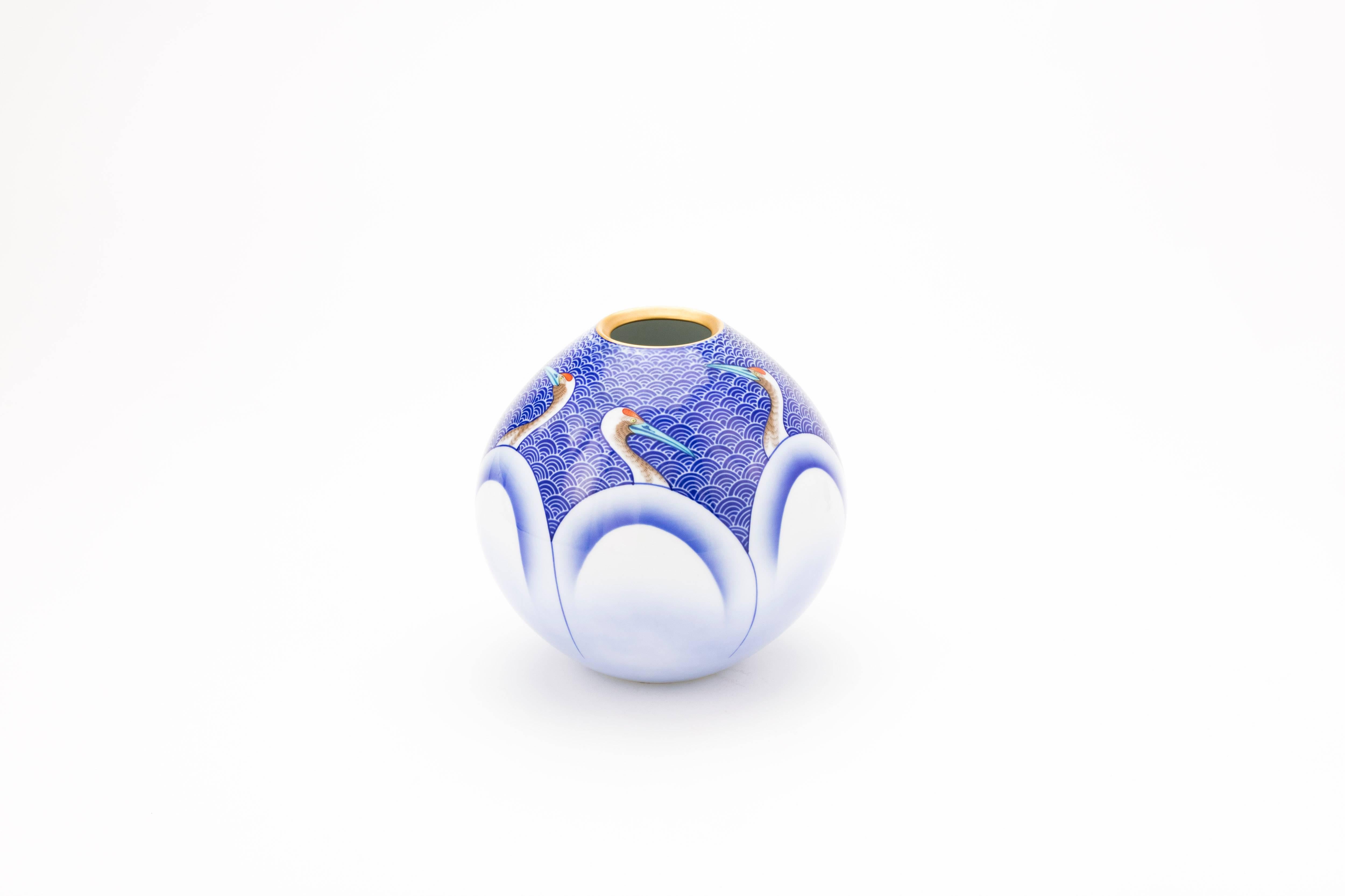 20th Century Midcentury Japanese Arita Porcelain Vase with Cranes by Koransha Co.