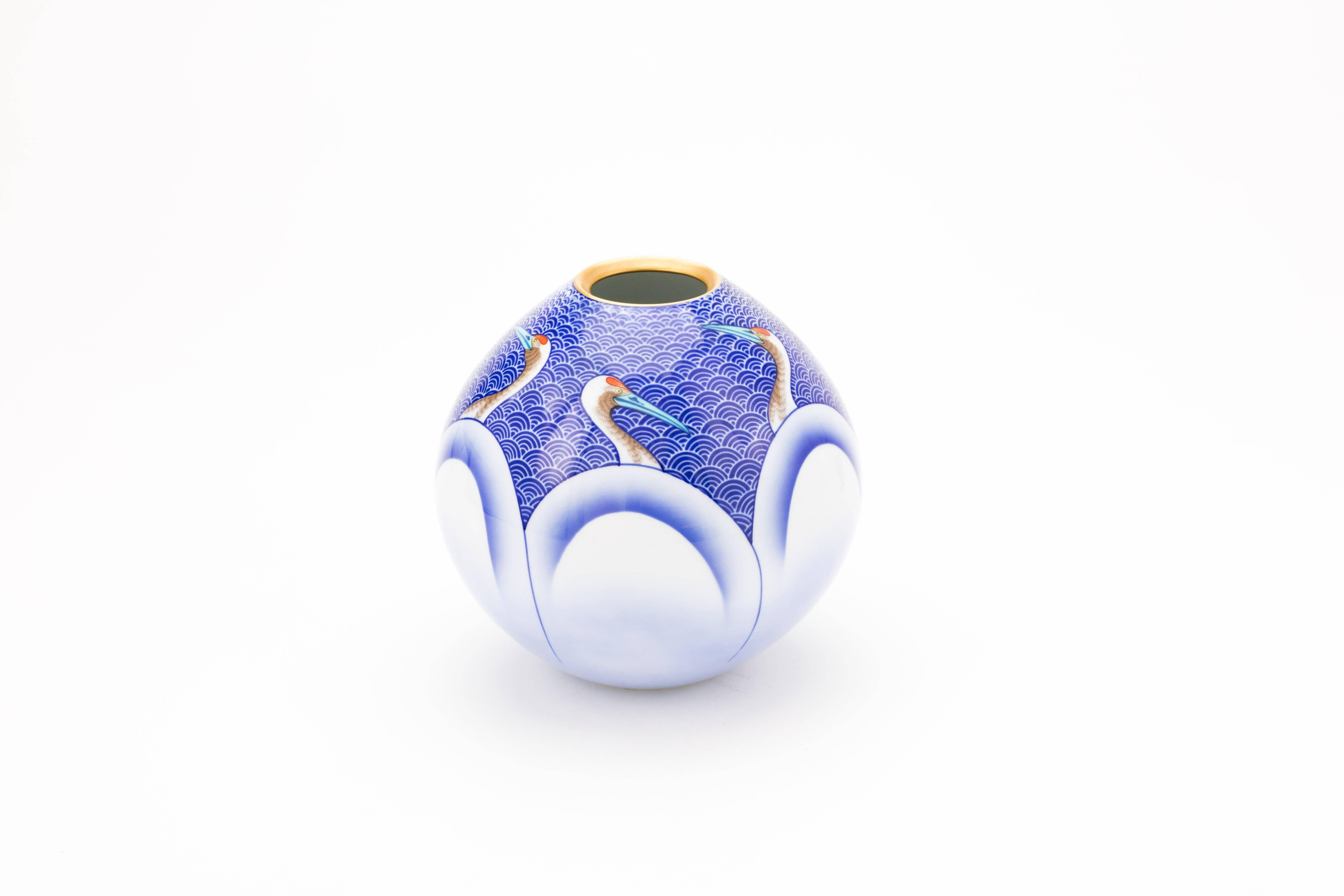 Midcentury Japanese Arita Porcelain Vase with Cranes by Koransha Co. 1