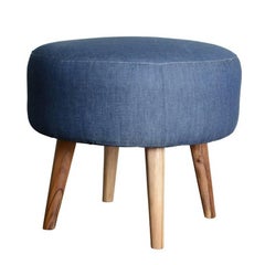 Contemporary Teak and Denim Ottoman