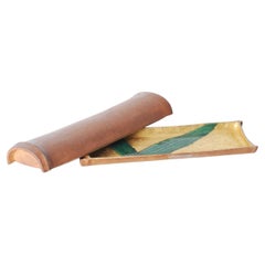 Vintage Japanese Stoneware Dishes Set of Two, Bamboo Shape, 1985