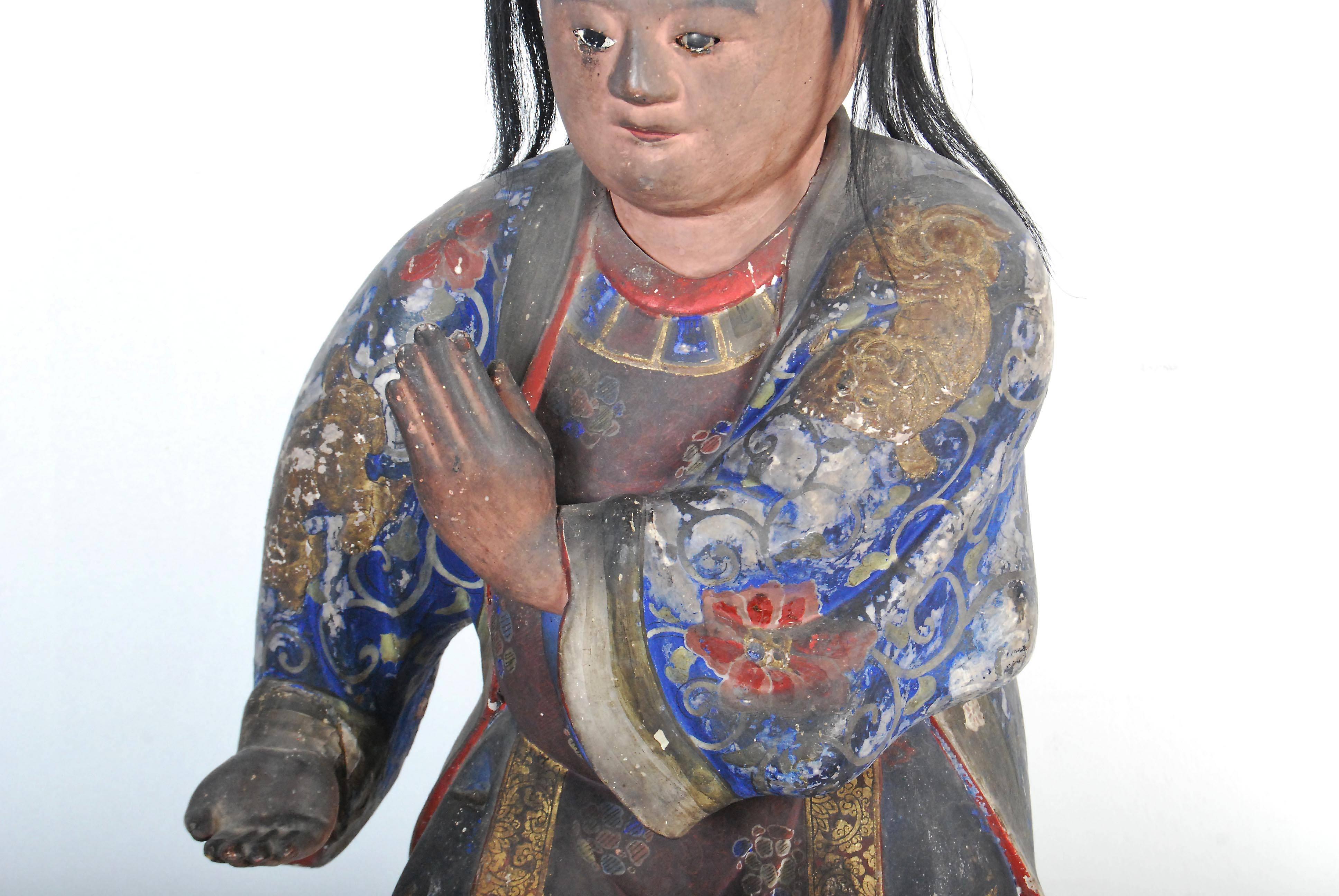 Cypress Rare Antique Statue of a Chinese Child Performing Tai Chi For Sale
