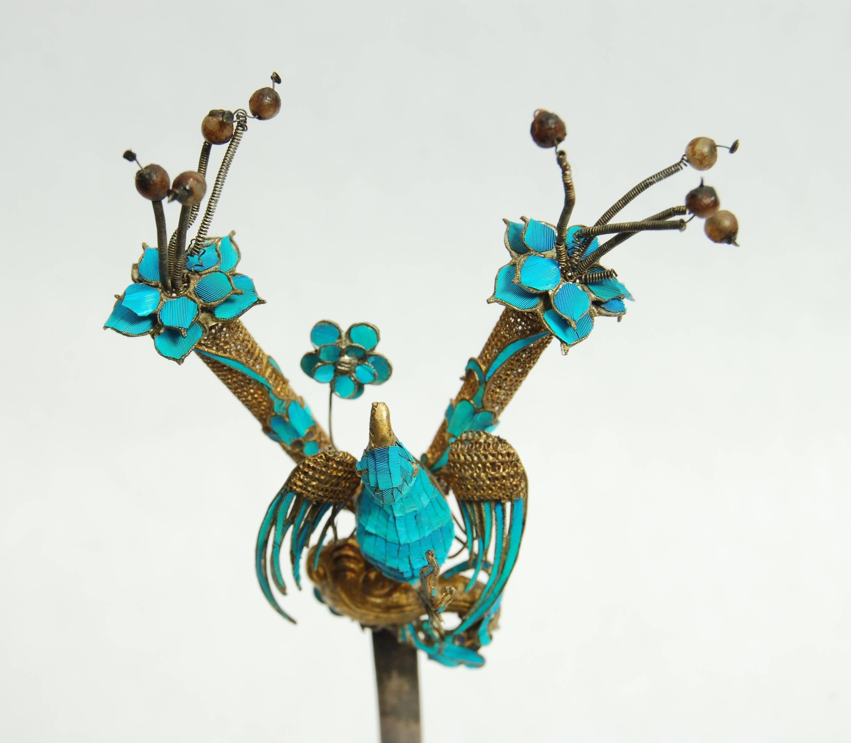 Chinese Kingfisher Silvered Gold Hairpin, 19th Century 2
