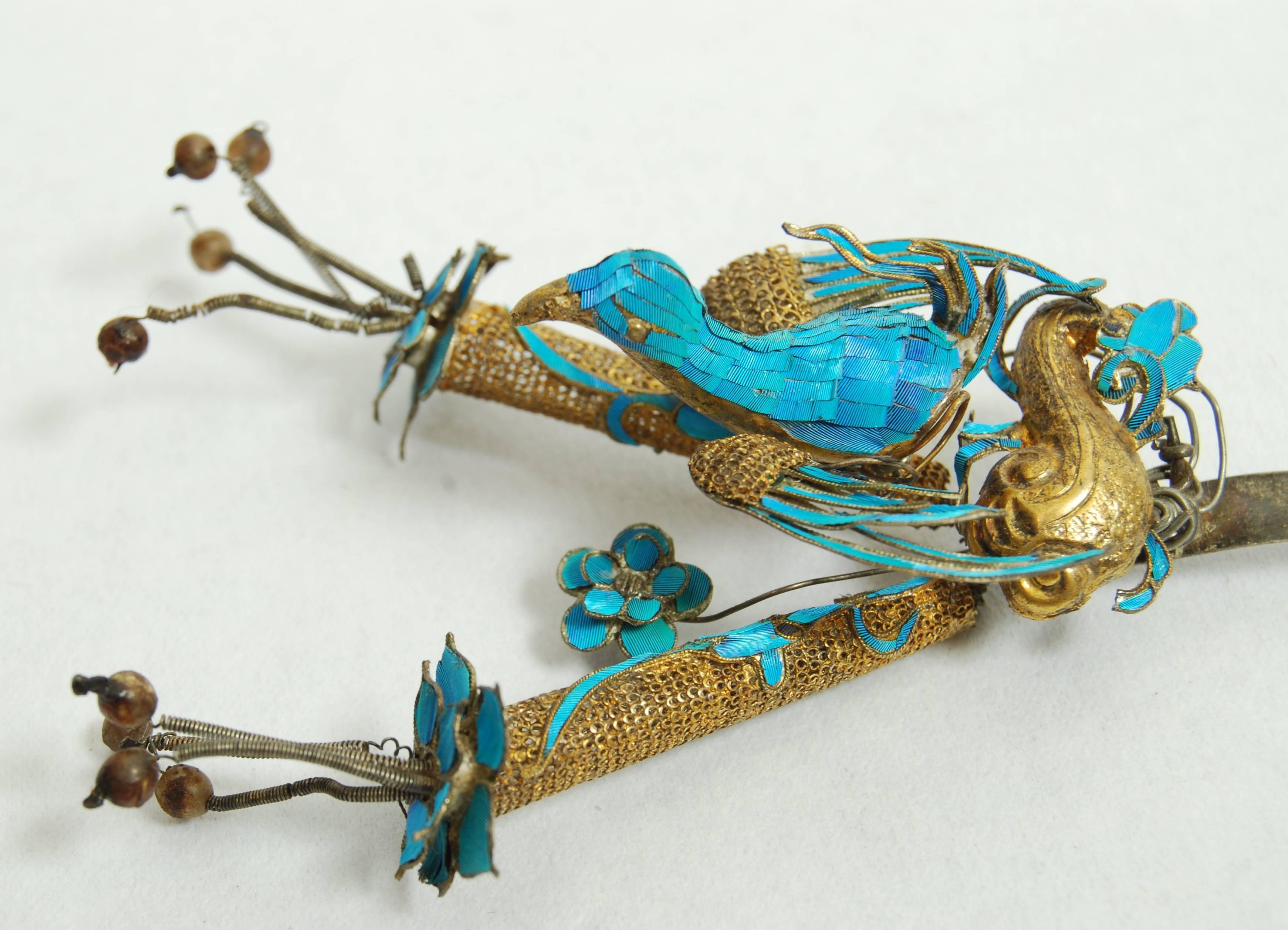 Chinese Kingfisher Silvered Gold Hairpin, 19th Century 4