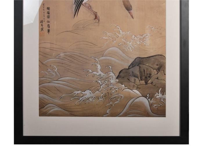 20th Century Antique Japanese Ink Painting of Geese in Flight, Dated Showa Period, 1935 For Sale