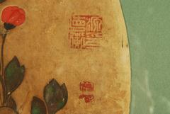 Antique Japanese Fan Painting of Chrysanthemum Bonsai, Edo Period