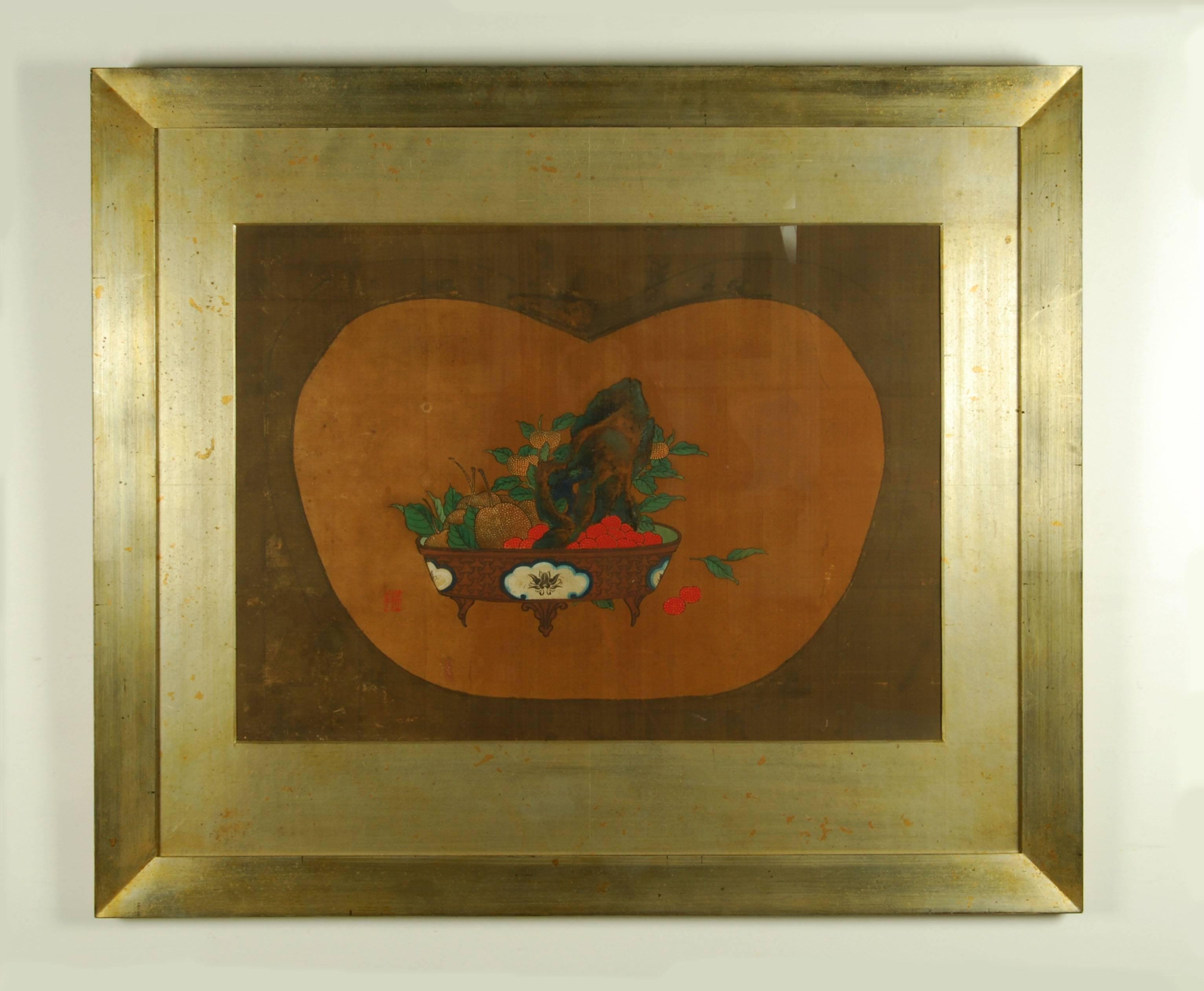 Pair of antique Japanese Nagasaki School paintings by Yanagisawa Kien (1704-1758), depicting classical ikebana flower arrangements. Each painted on silk in mineral pigments and bearing Kien's signature and seals.

Dimensions: (framed) H 73 cm x W