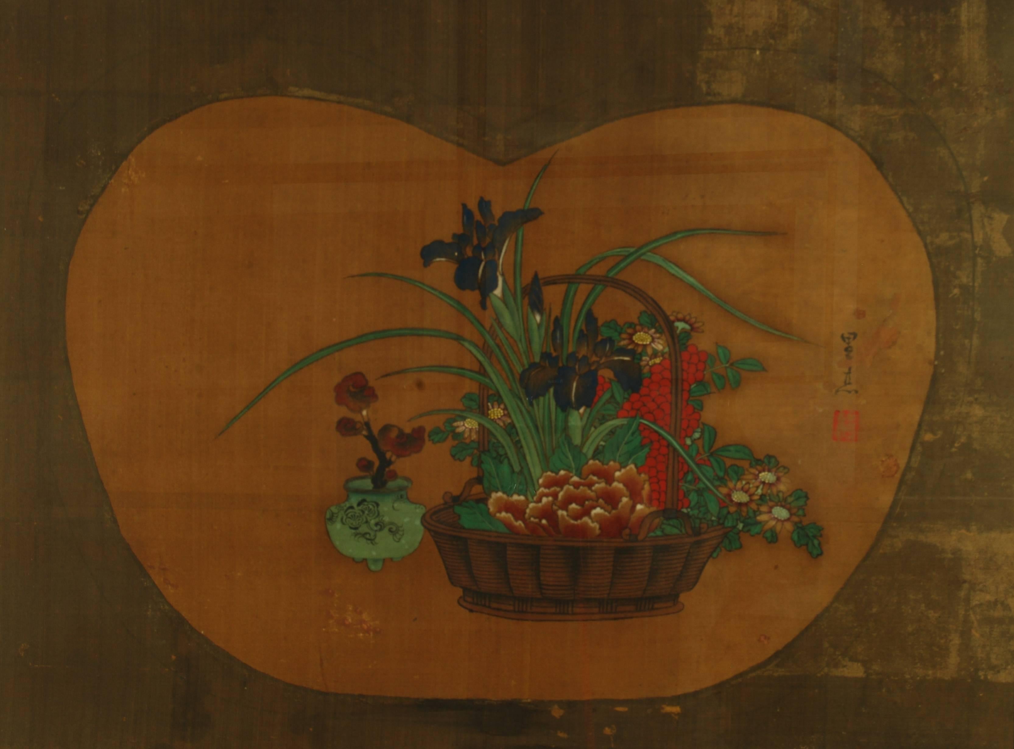 Painted Pair of Antique Japanese Flower Paintings by Yanagisawa Kien, circa 18th Century For Sale