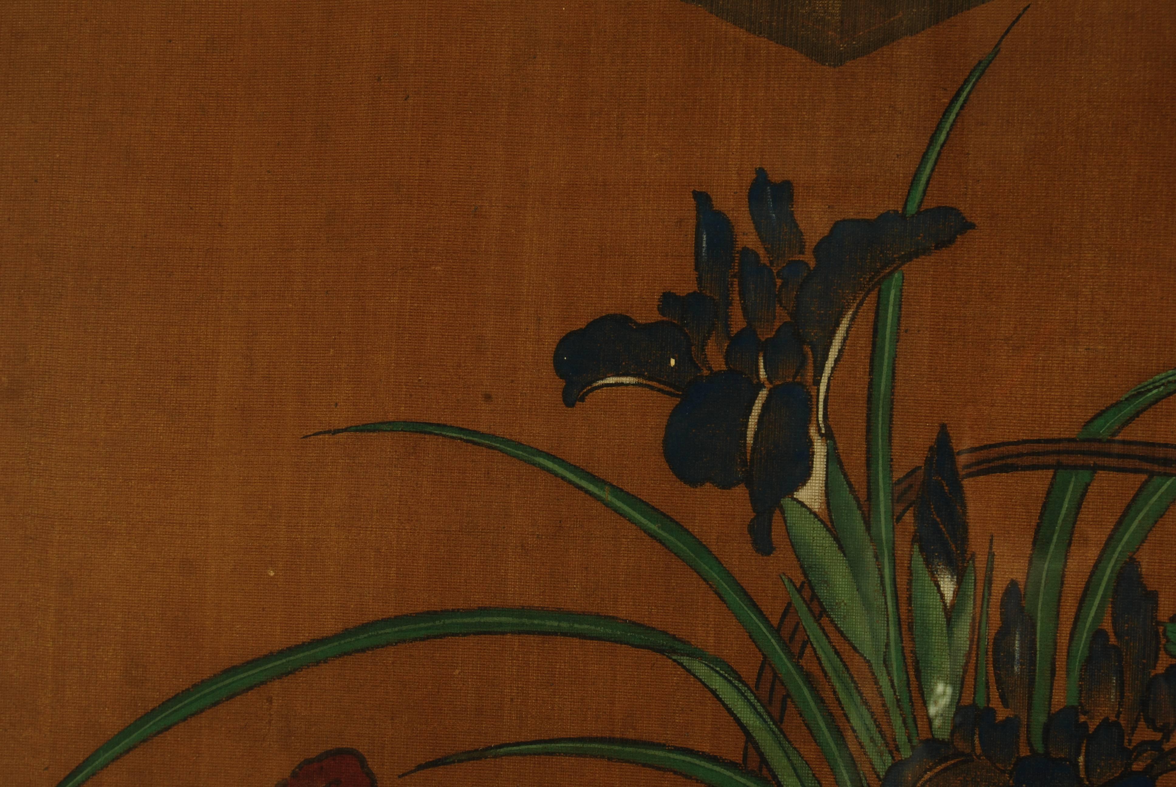 Silk Pair of Antique Japanese Flower Paintings by Yanagisawa Kien, circa 18th Century For Sale