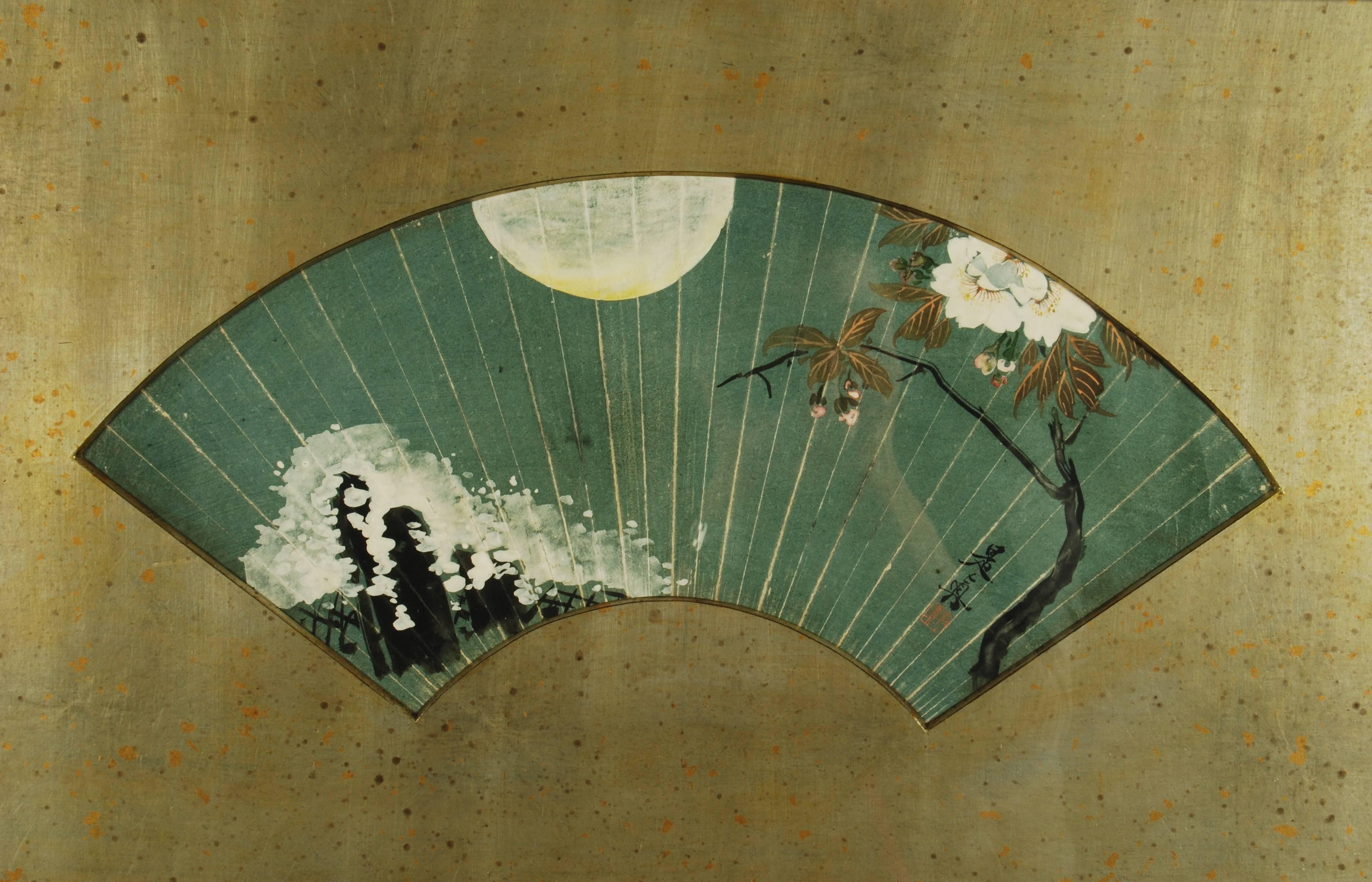 Japanese fan painting with a well painted naturalistic scene depicting cherry blossoms and late snow glowing under pale moonlight, circa 19th century, signed Shibata Zeshin (1807–1891) and mounted in a handmade gilt frame.

Dimensions (framed): H