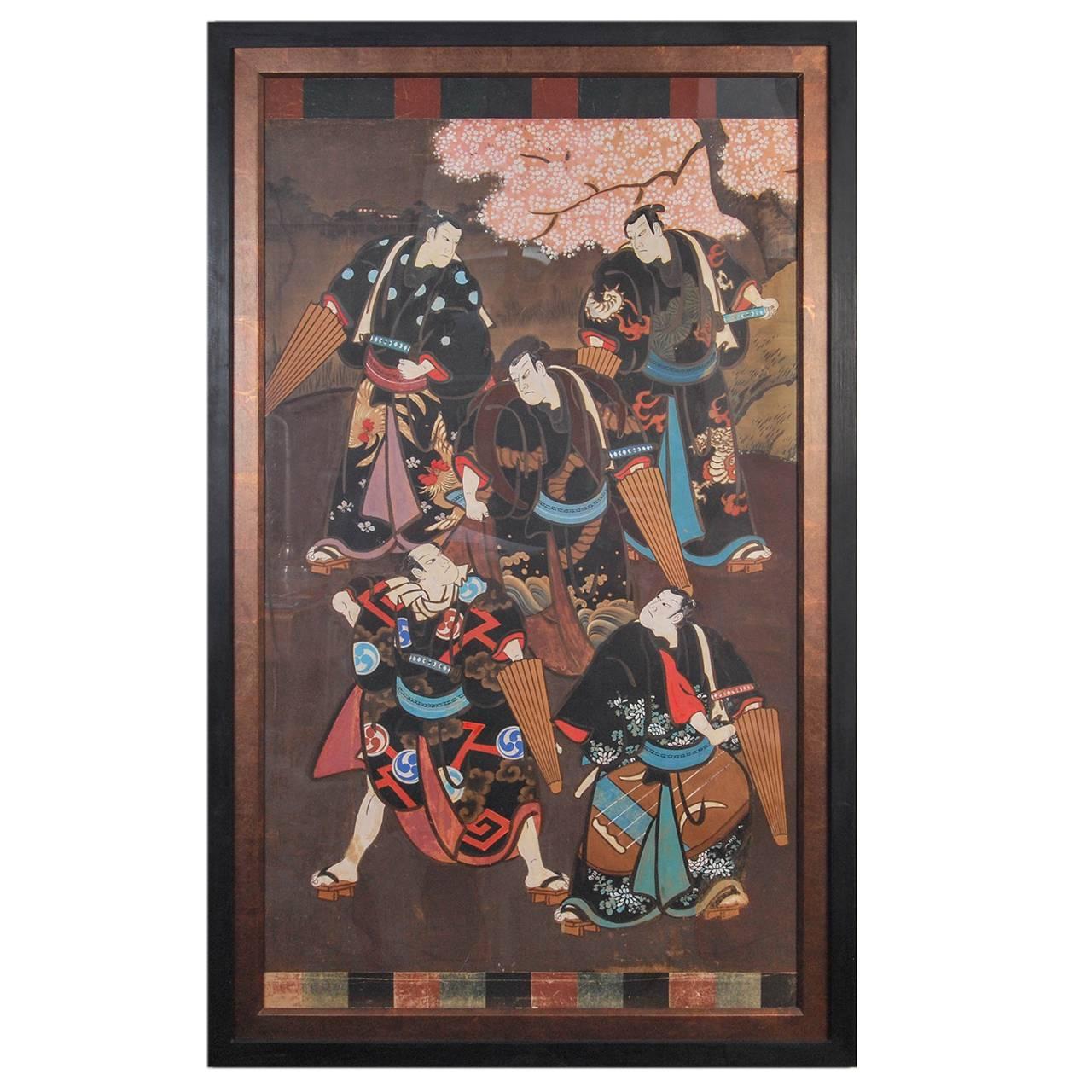 Rare pair of Japanese Kamigata-e, 'kabuki' theatre posters with hand-painted depictions of famous kabuki actors in elaborate classical costume highlighted by vibrant mineral colours, Meiji period, late 19th century.

These signboards show a scene