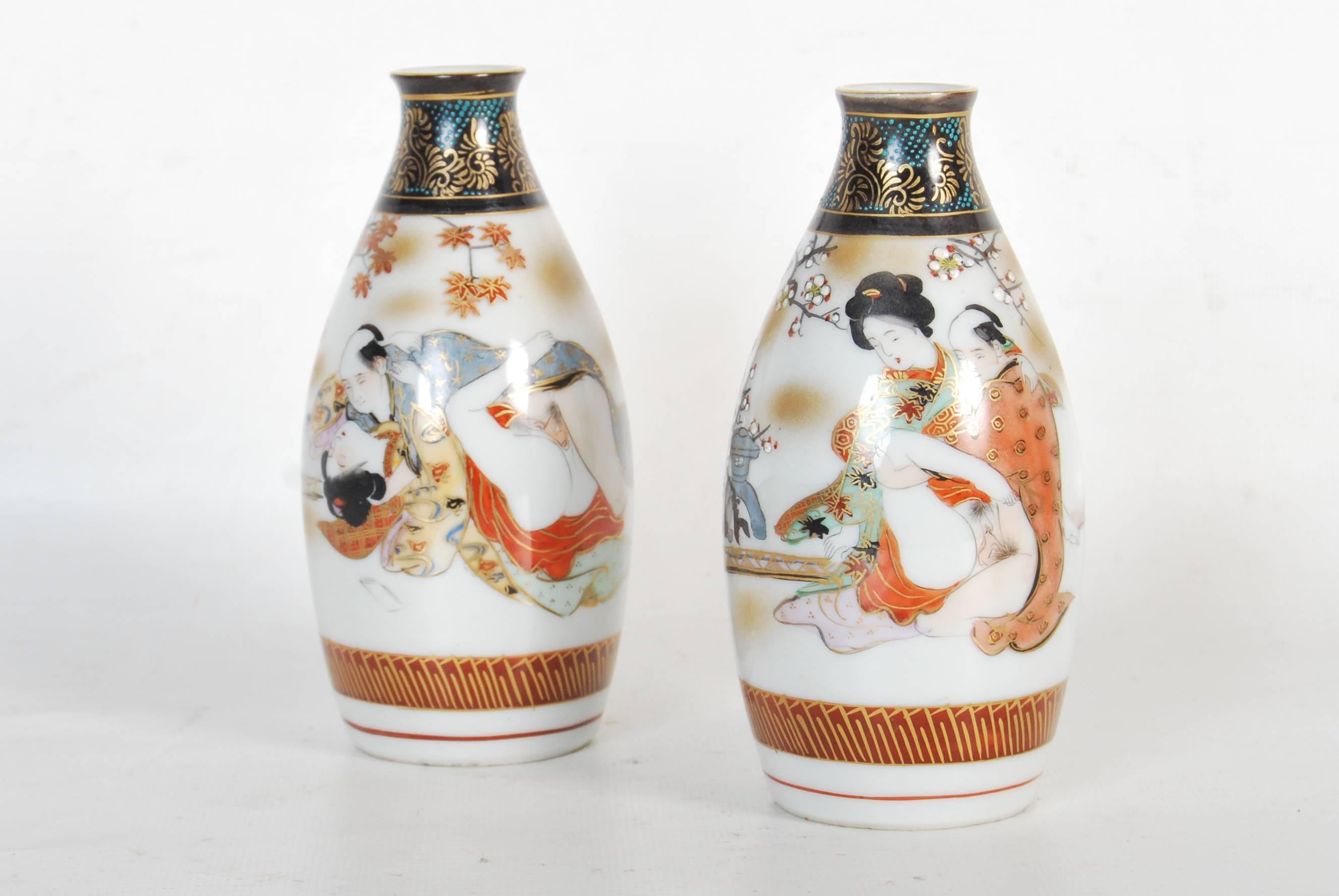 Meiji Antique Japanese Erotic Porcelain Sake Set, circa 1890