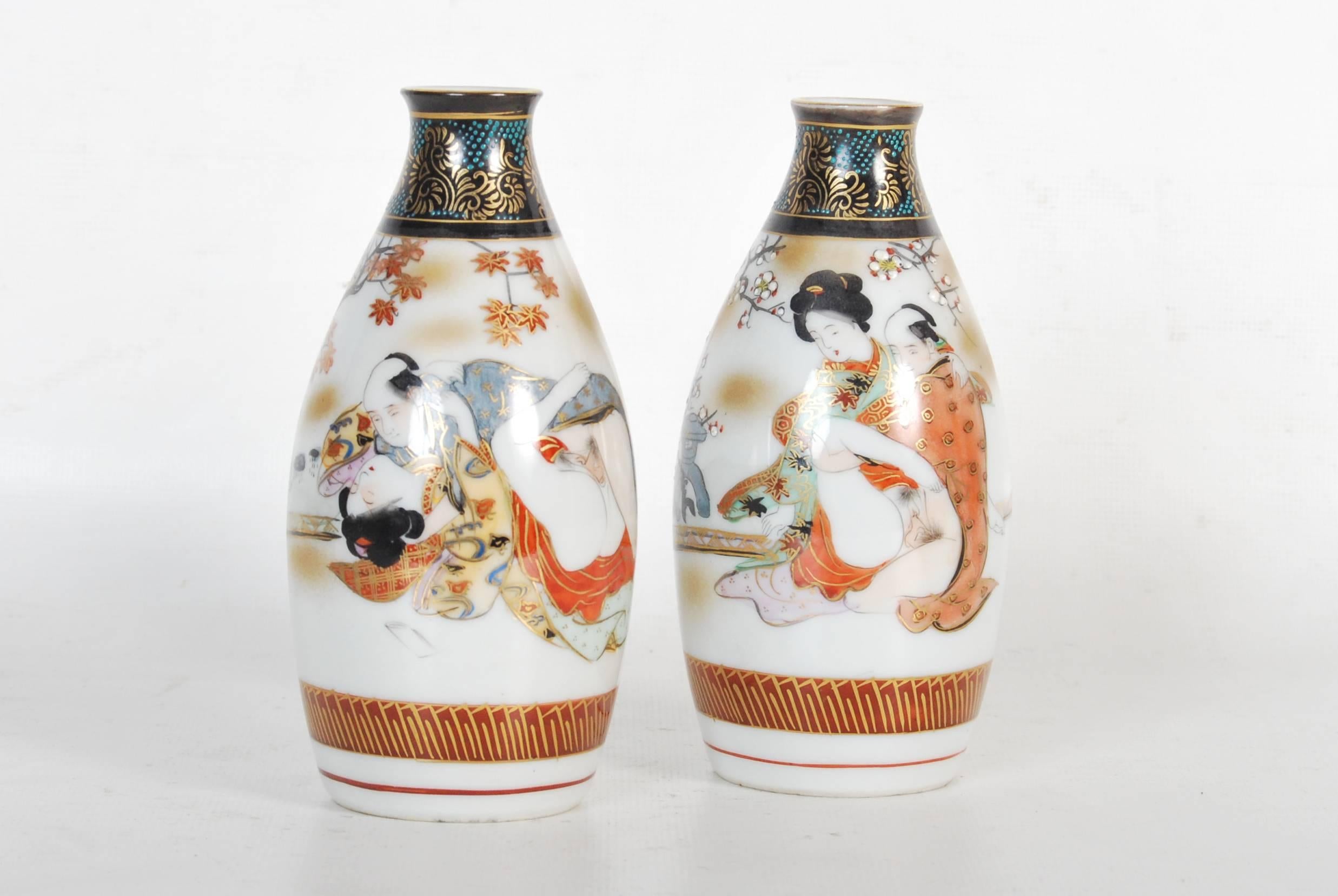 Gilt Antique Japanese Erotic Porcelain Sake Set, circa 1890