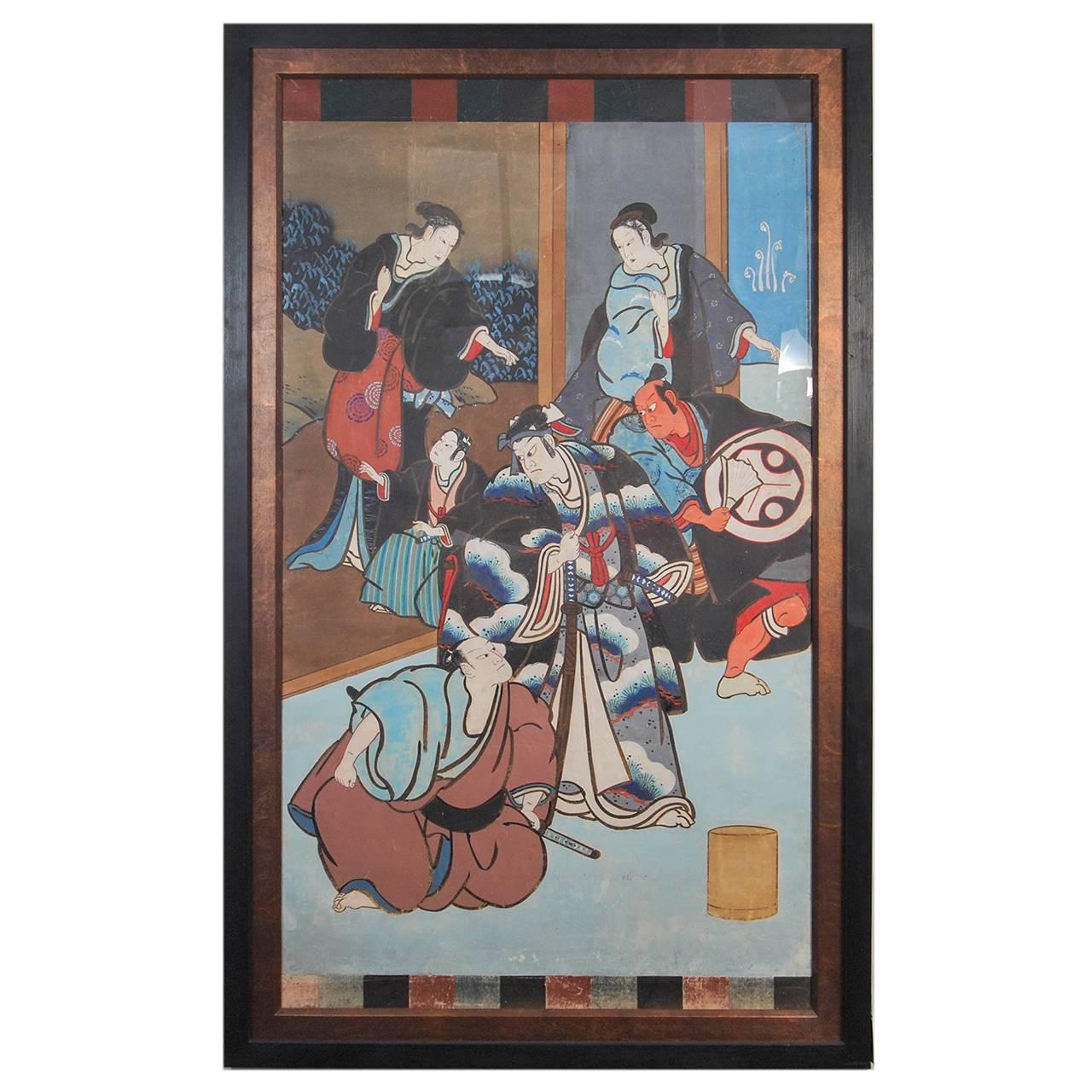 Antique Japanese Hand-Painted Kabuki Theatre Poster, 19th Century