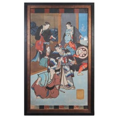 Affiche ancienne de théâtre Kabuki japonaise peinte à la main:: 19e siècle