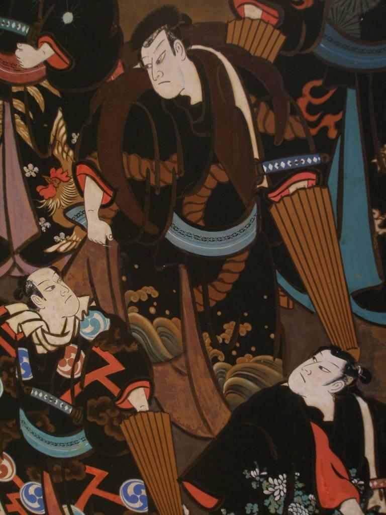 Rare Japanese Kamigata-e, 'kabuki' theatre poster with hand-painted depiction of famous kabuki actors in elaborate classical costume highlighted by vibrant mineral colours, Meiji period, late 19th century.

This signboard shows a scene from the