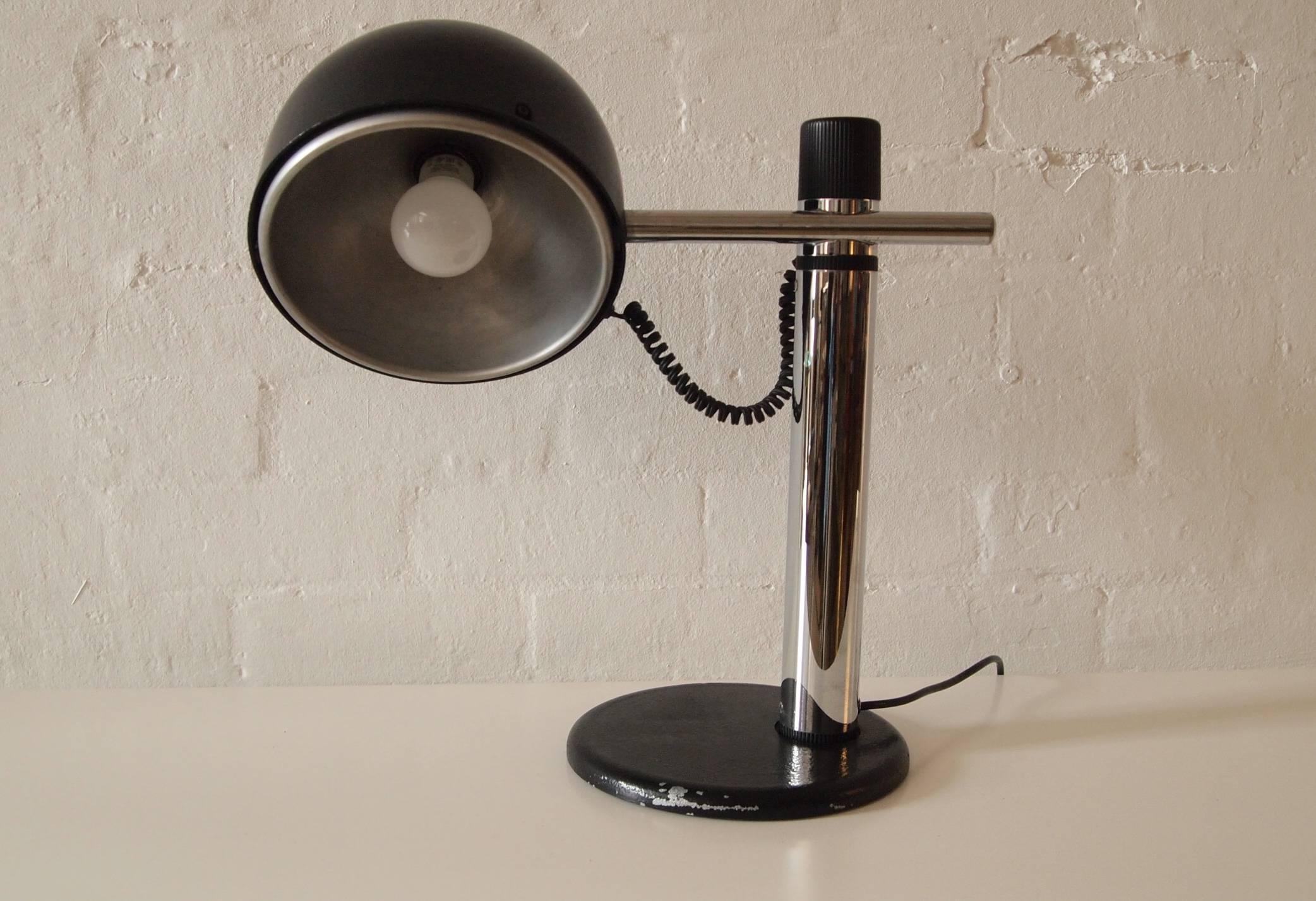 European Brutalist Style Desk Lamp in Black and Chrome circa 1970 For Sale