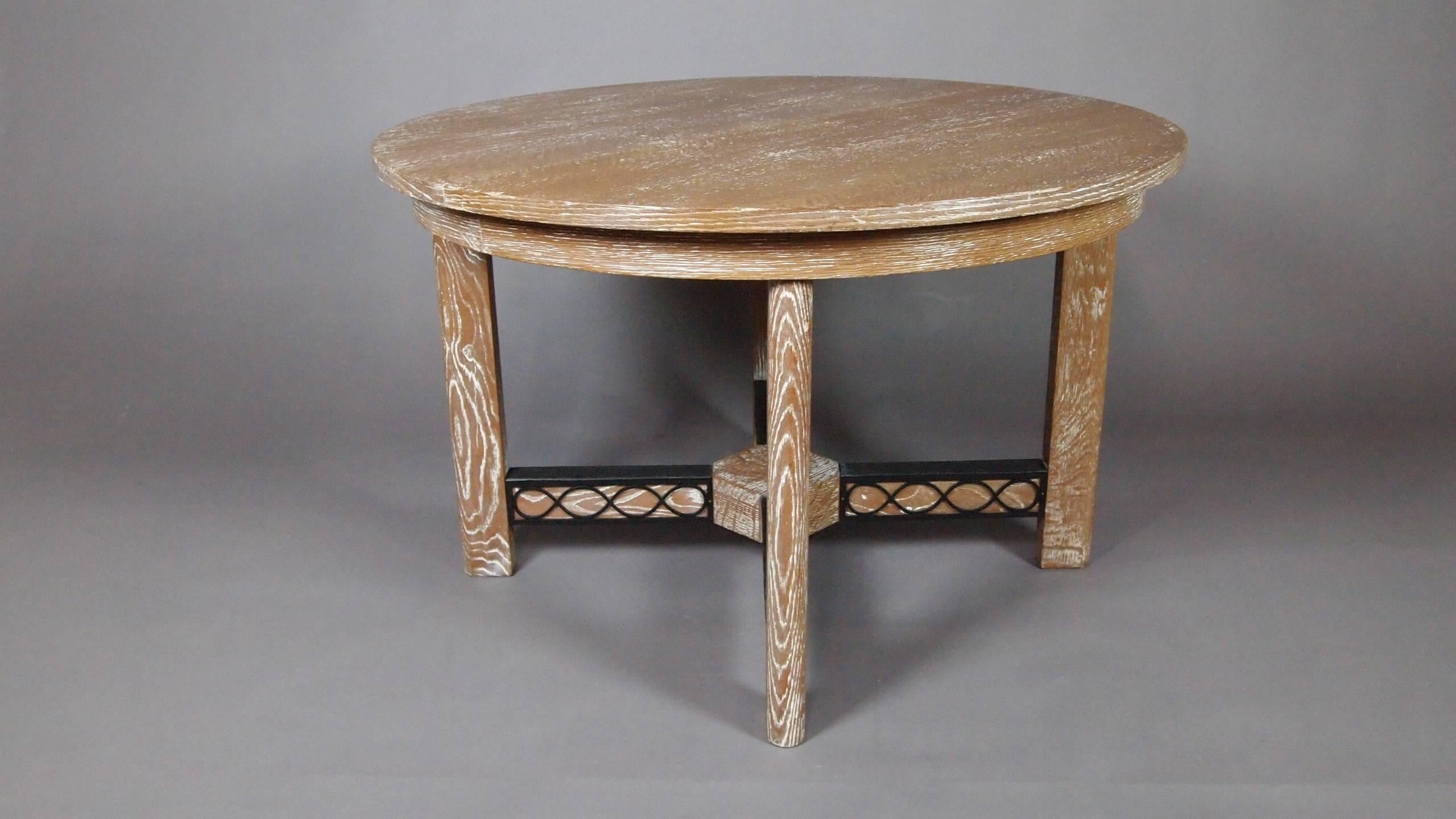 French Attributed to Jean Royere Round Cerused Oak Extension Table and Four Chairs For Sale