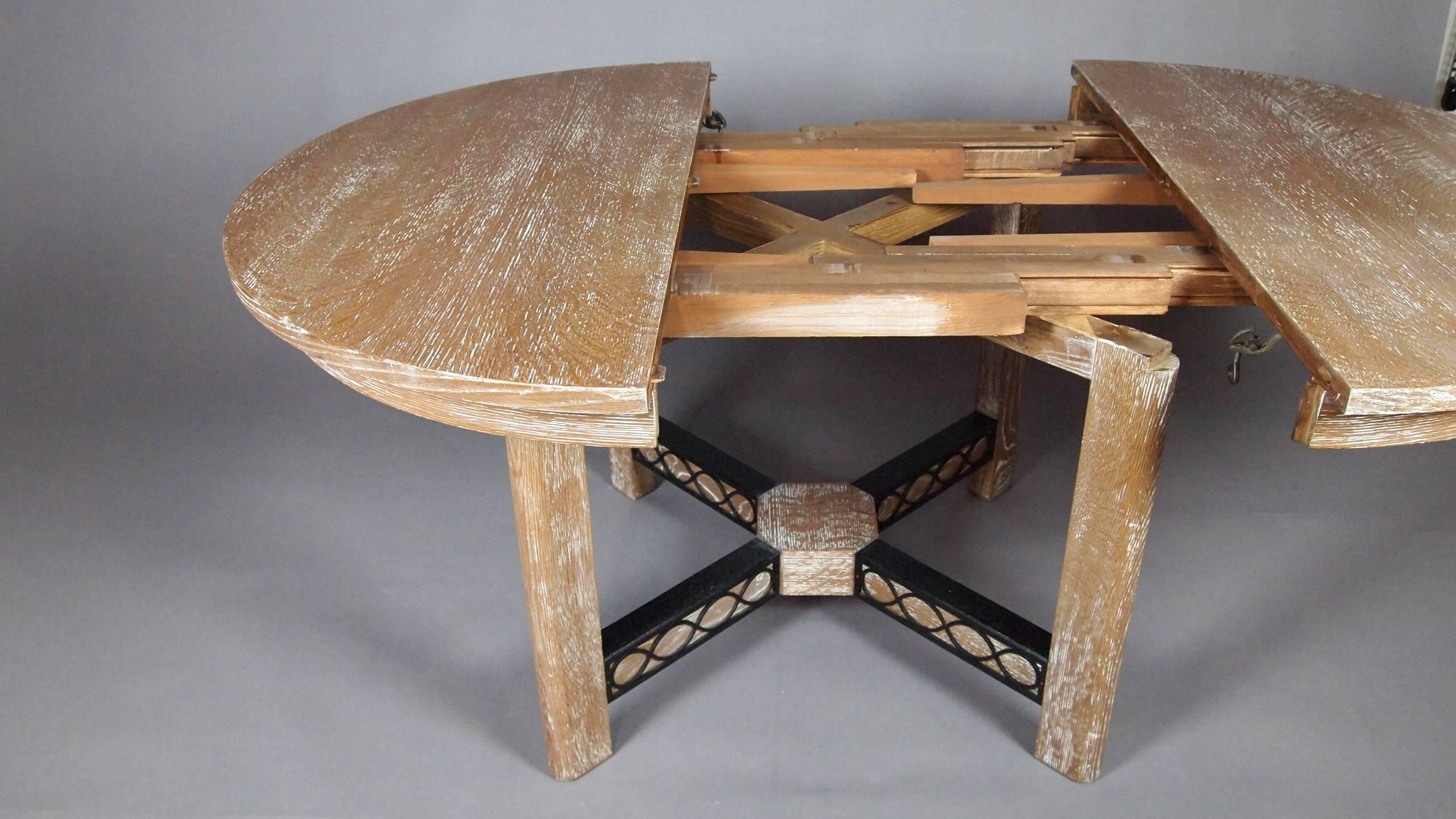 Blackened Attributed to Jean Royere Round Cerused Oak Extension Table and Four Chairs For Sale