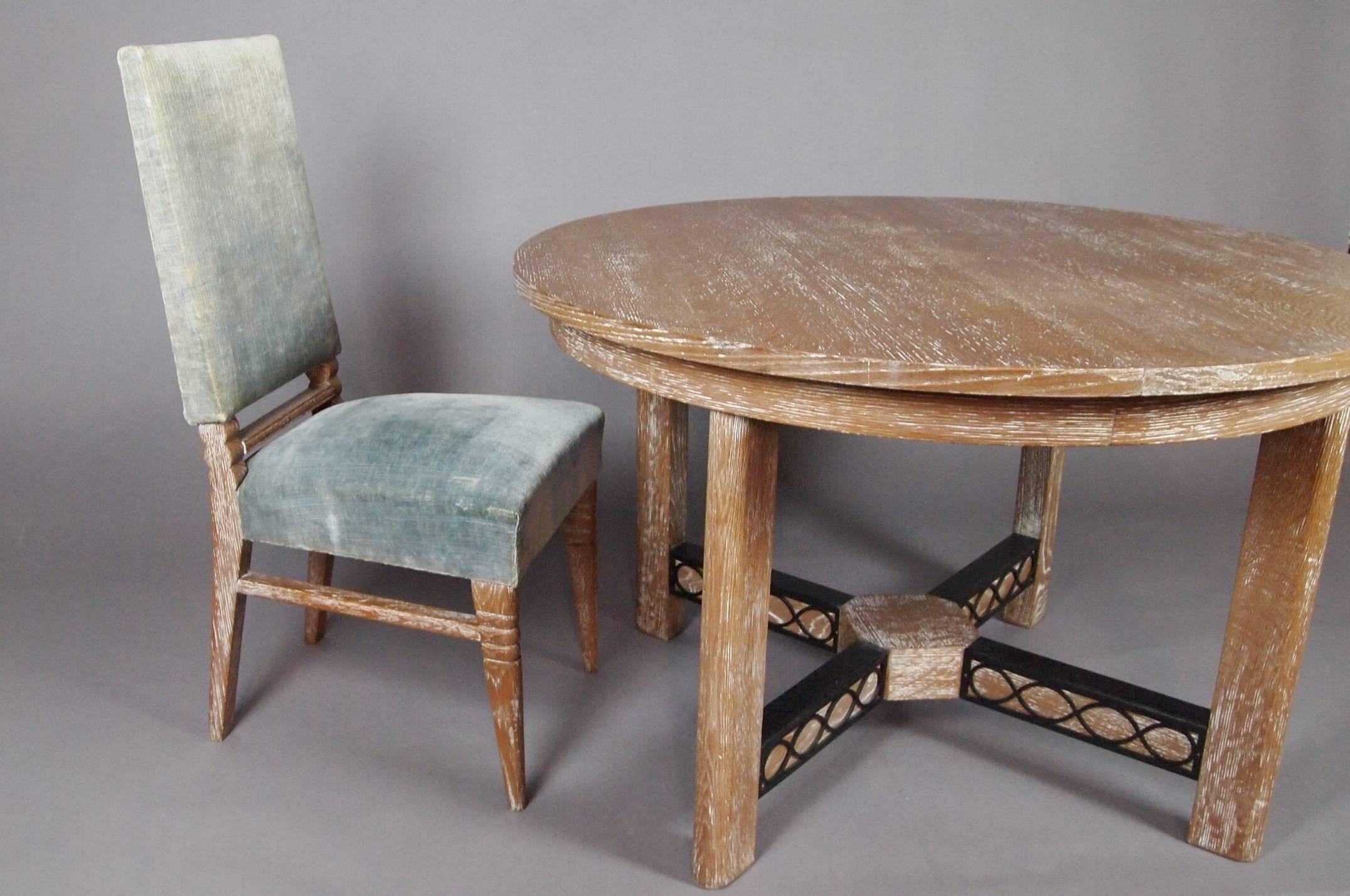 Mid-20th Century Attributed to Jean Royere Round Cerused Oak Extension Table and Four Chairs For Sale