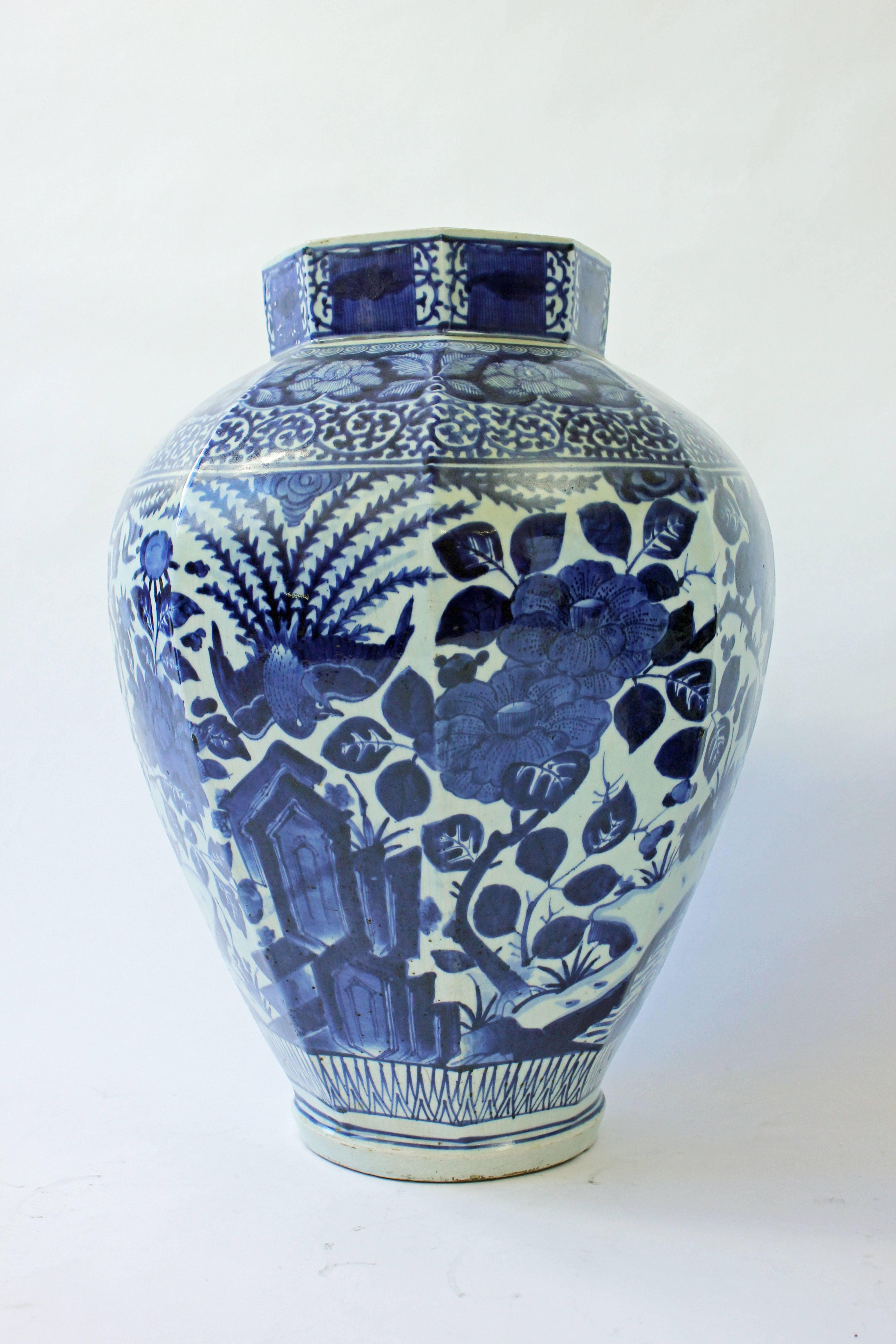 Edo Huge Near Pair of Late Japanese Octagonal Arita Blue and White Vases For Sale
