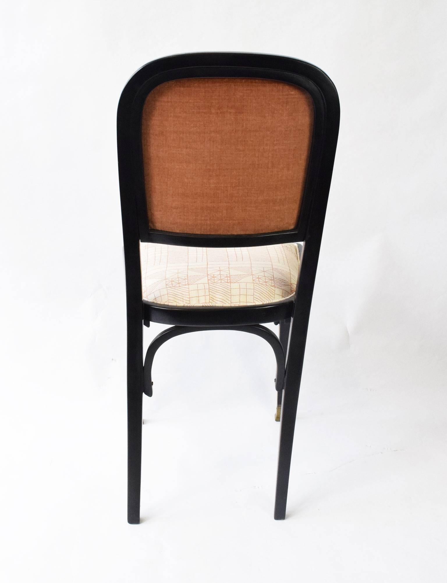A set of four Vienna Secession side chairs with brass feet in ebonised beechwood by Gustav Siegel, produced by J. & J. Kohn,

Upholstered in Kerry Joyce Linen and Velvet.