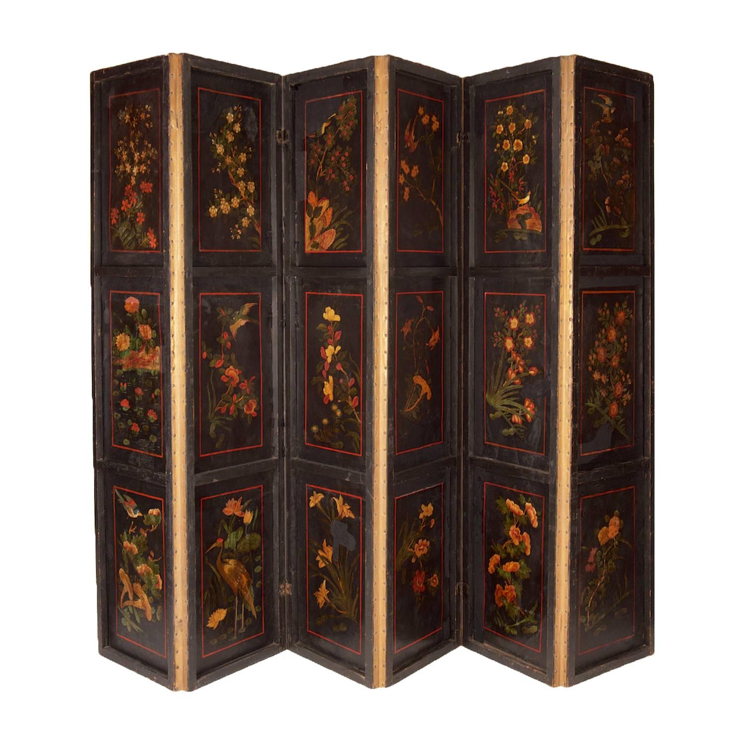 Decorated with figures in Pagoda landscapes within a border of multiple vases of flowers, the reverse with simple floral sprays.

Measures: Each panel height 216cm, width 55cm.