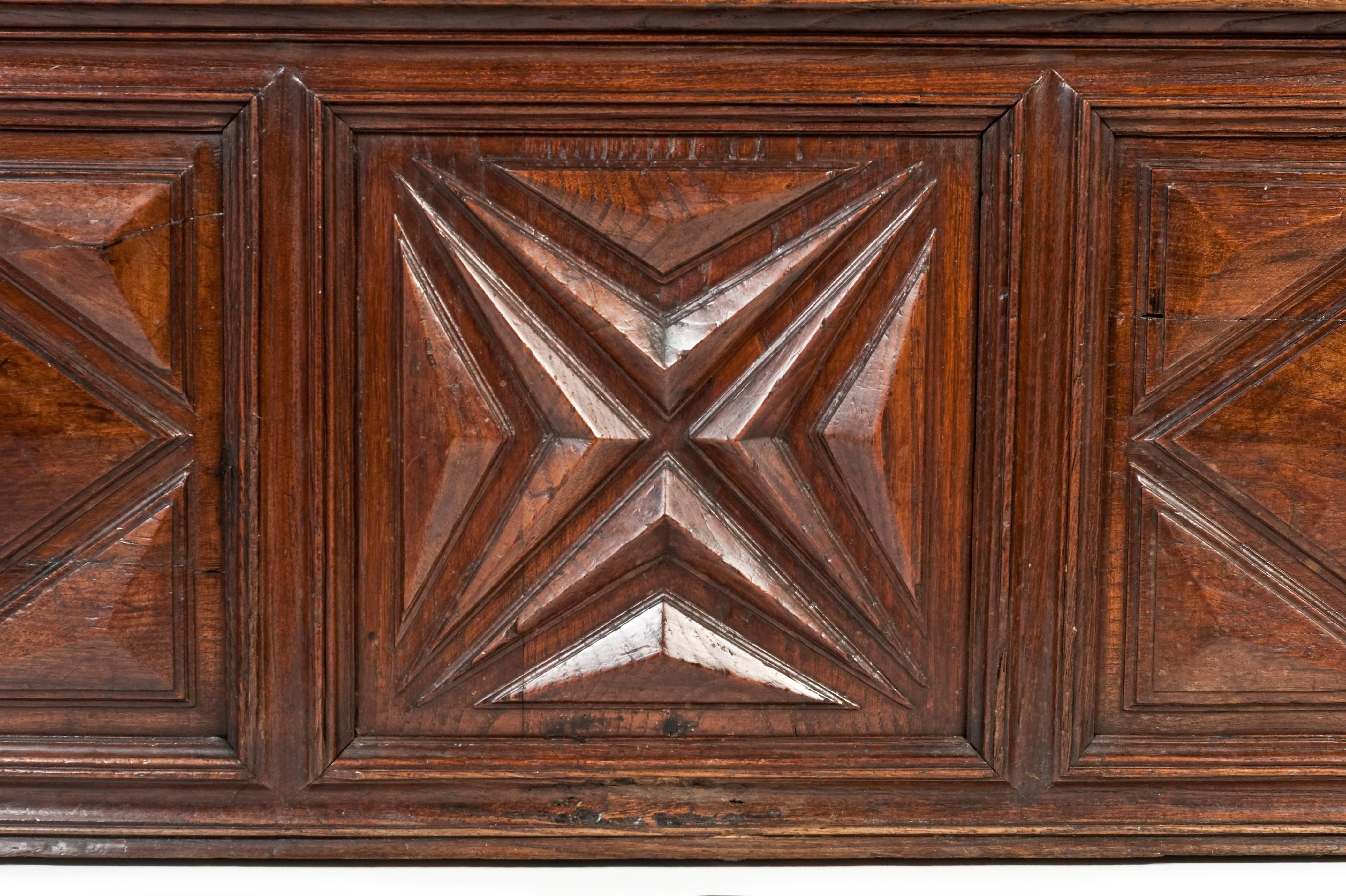 Hand-Carved 18th Century French Walnut Geometric Panelled Coffer For Sale