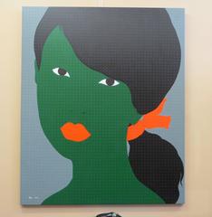 Contemporary Acrylic Painting - Green Female Face on Dotted Canvas 2010
