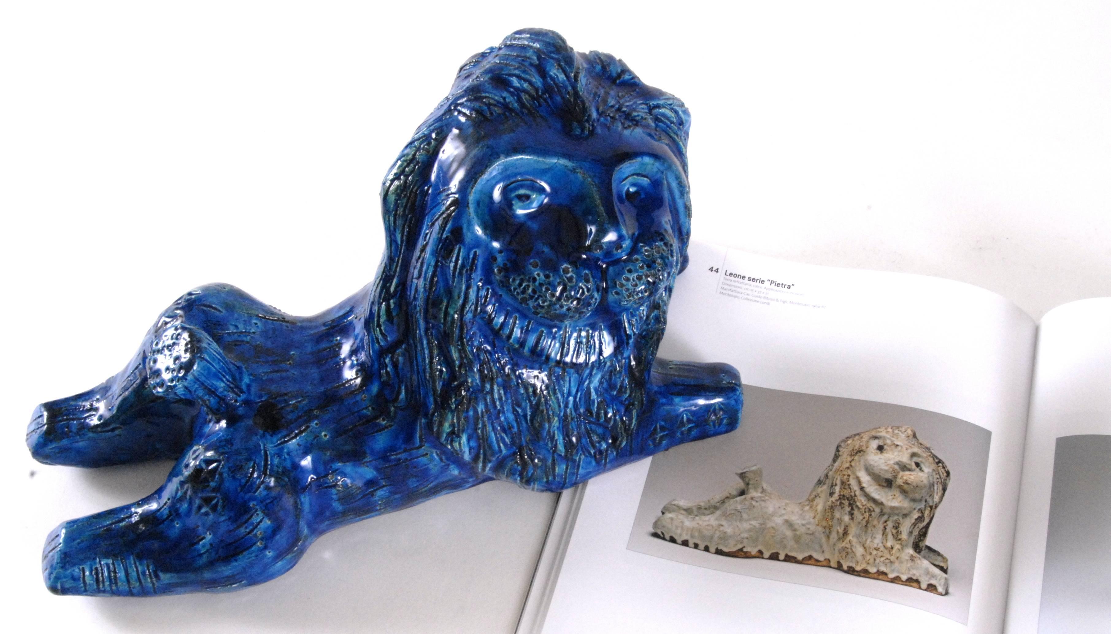 An early Aldo Londi designed Lion, circa 1964-1967, known as 'Pietra.' Shown illustrated in the catalogue about Londi's work in another color way. This example is in 'Rimini Blu.'