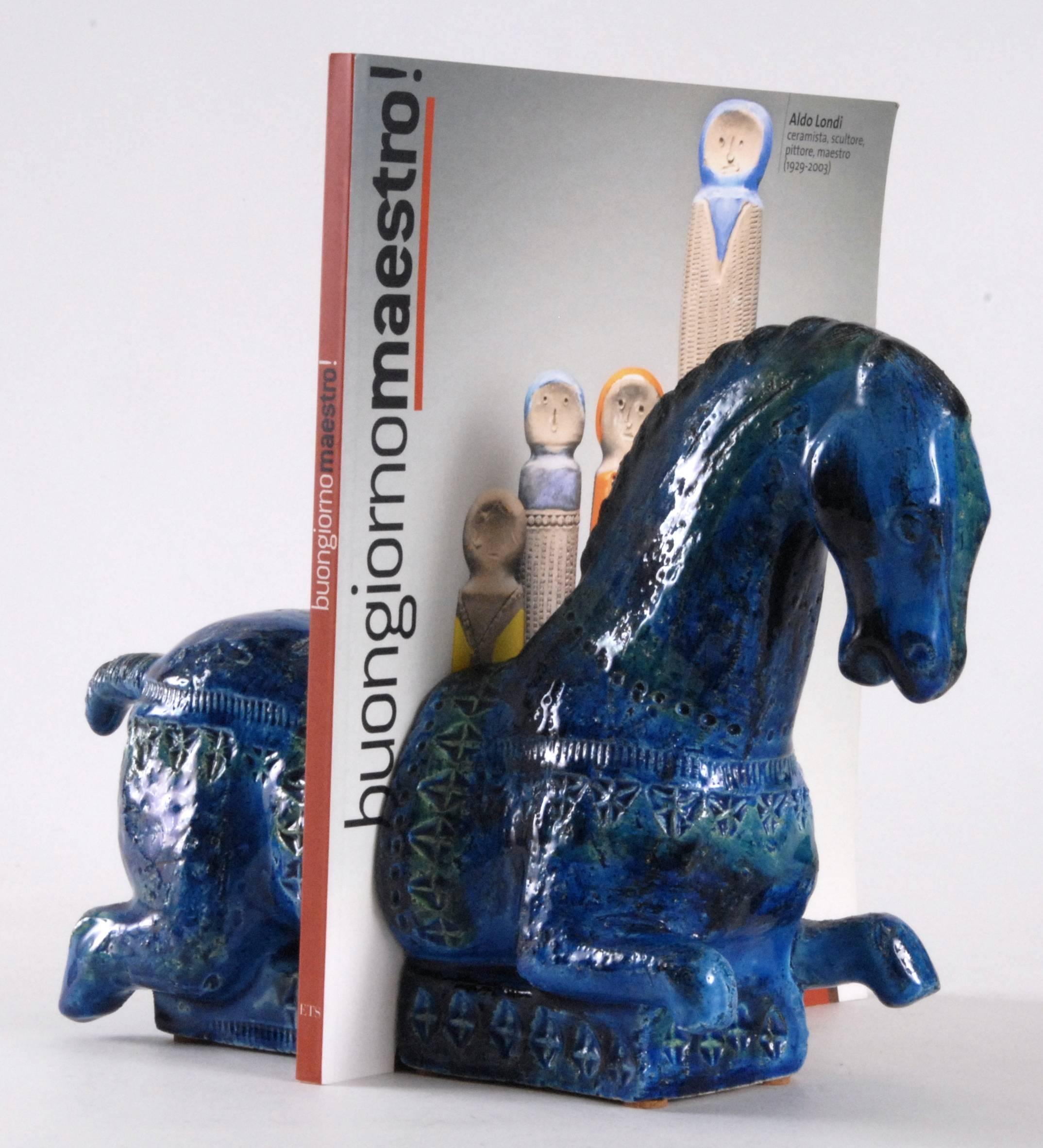 Mid-Century Modern Bitossi, Londi Designed 'Rimini Blu' Horse Bookends, circa 1965, Italy
