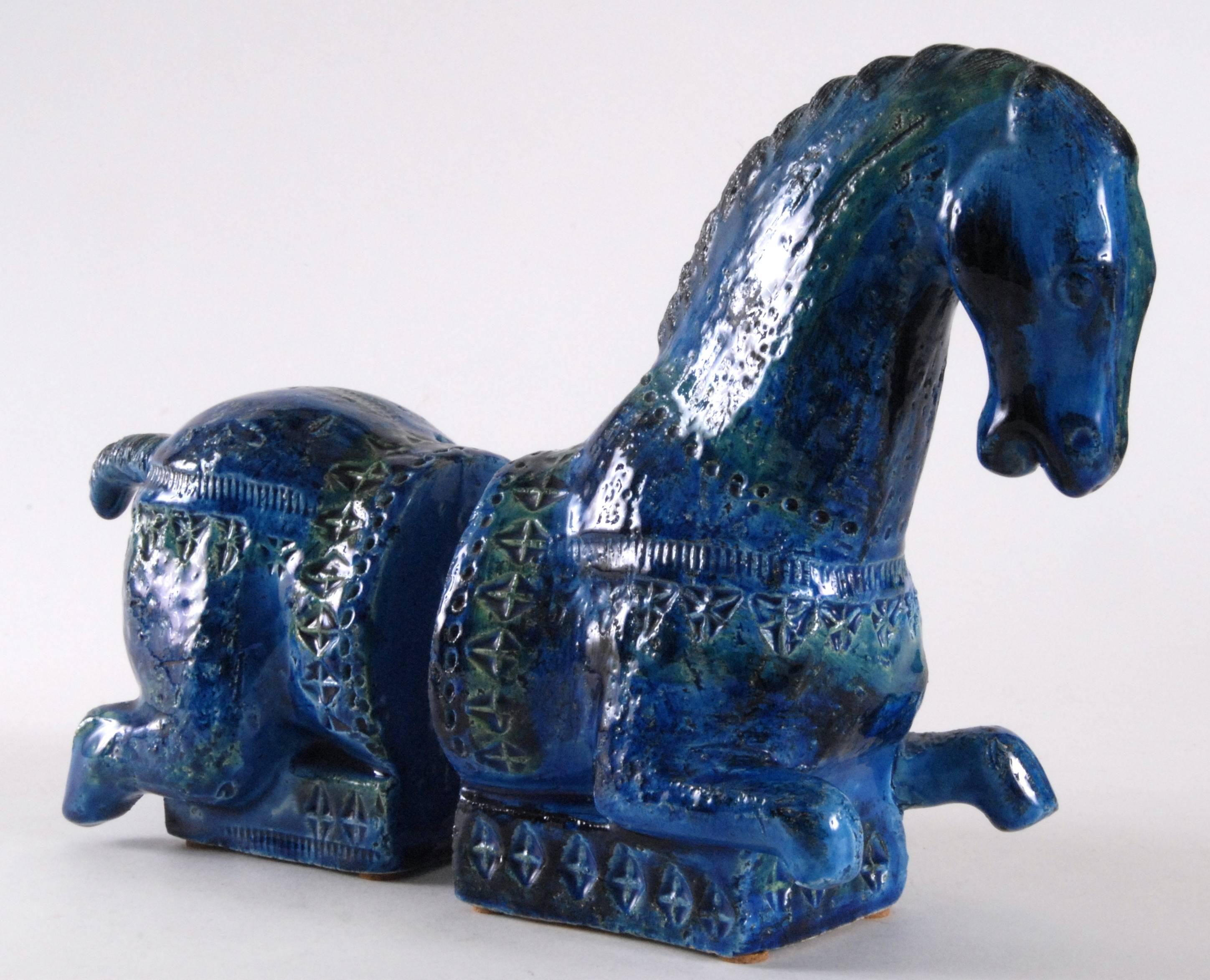 Hand-Crafted Bitossi, Londi Designed 'Rimini Blu' Horse Bookends, circa 1965, Italy