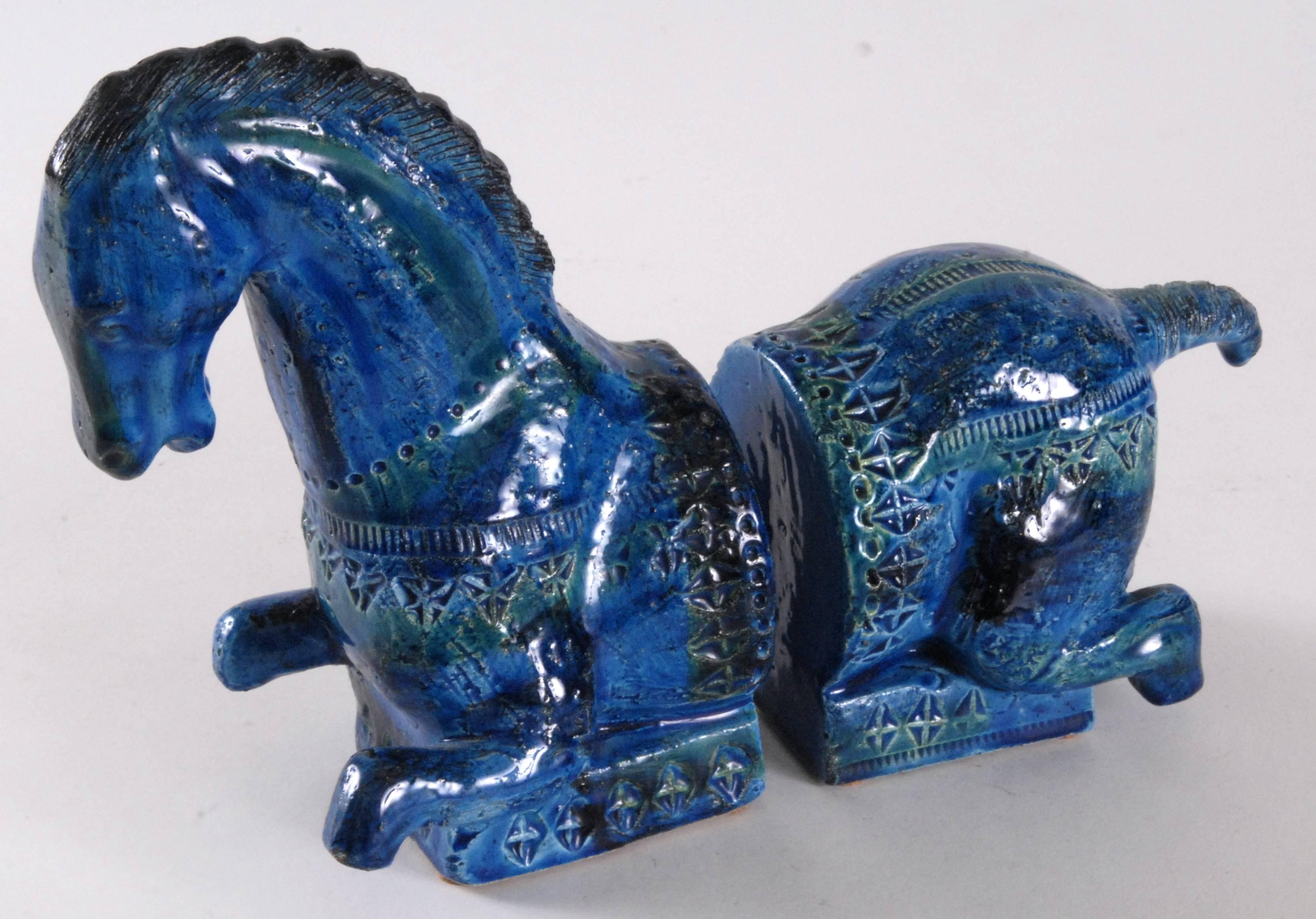 Bitossi, Londi Designed 'Rimini Blu' Horse Bookends, circa 1965, Italy In Excellent Condition In Pymble, NSW