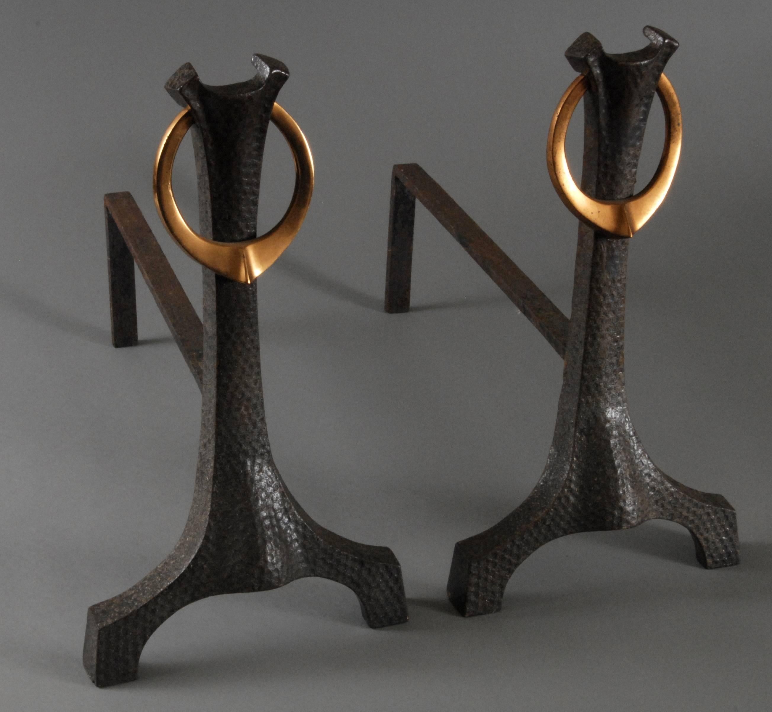 Hand-Crafted Pair of Andirons or Firedogs, Copper and Iron, English, circa 1905