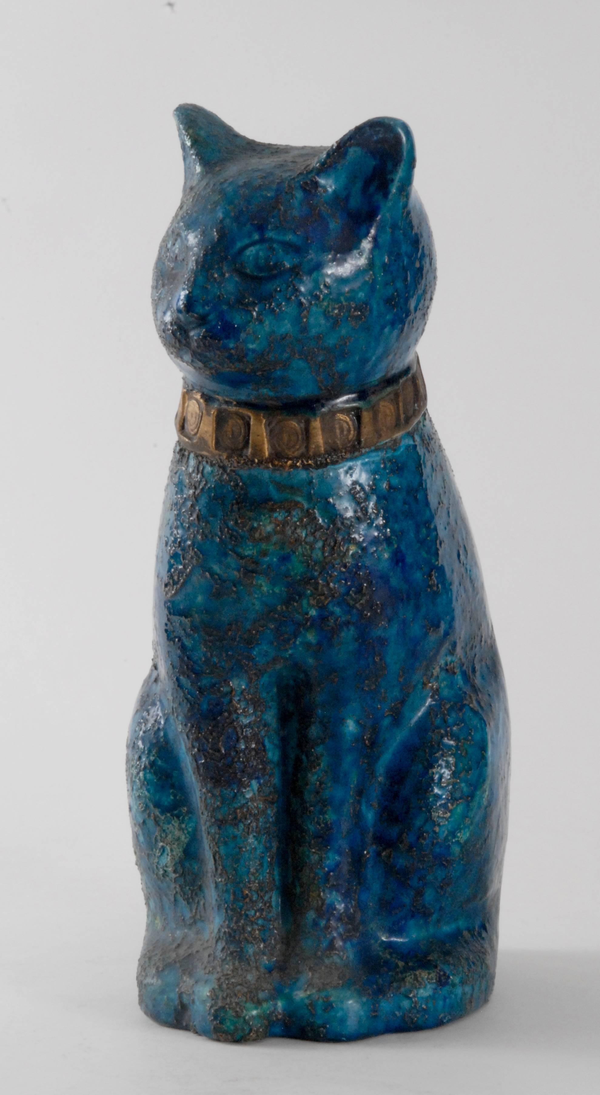 An Aldo Londi designed 'Cinese' blue glaze large sitting cat with a gold Greek key collar.
