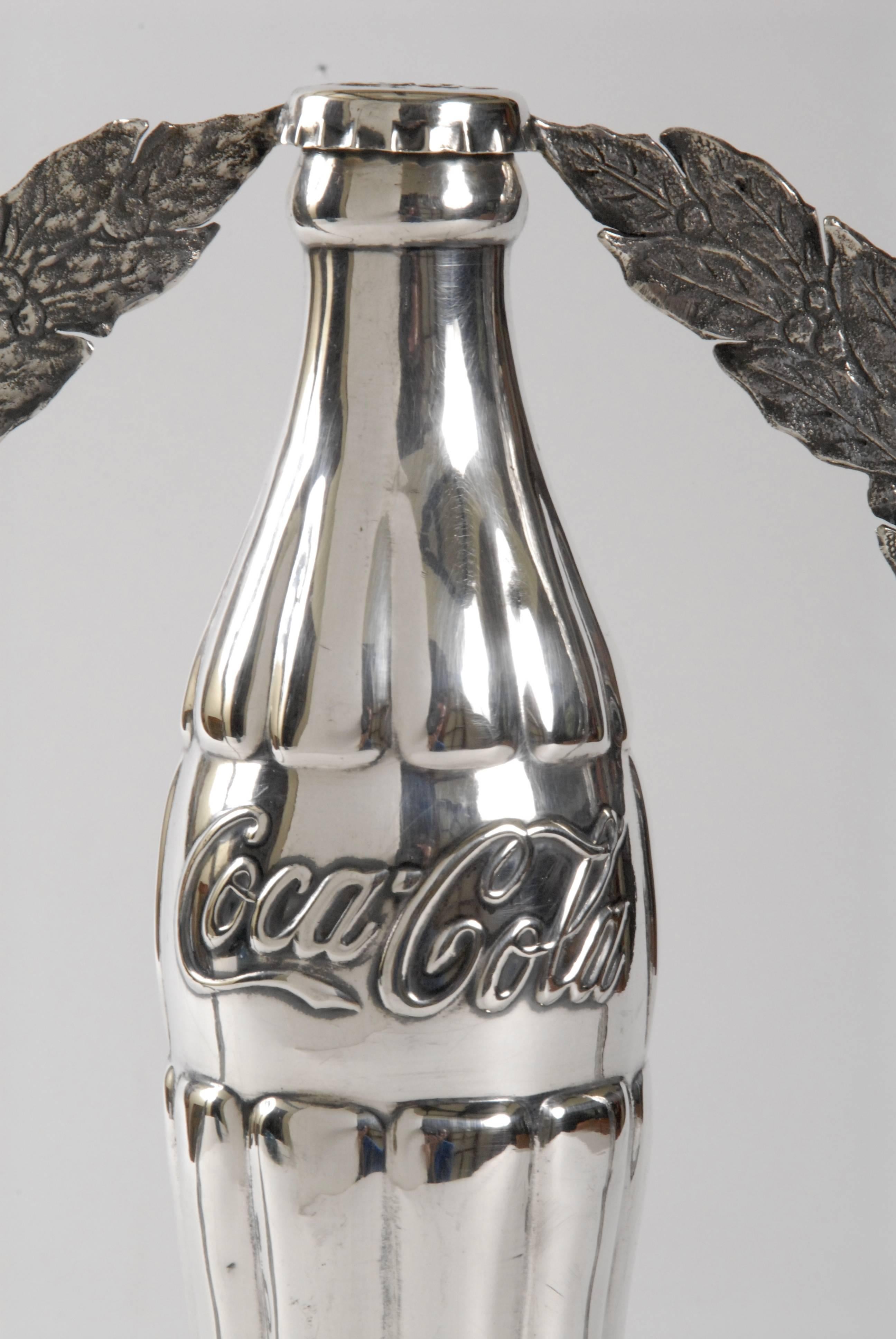 Mid-Century Modern Retro Silver Coca Cola Bottle Horse Trophy, Spain For Sale
