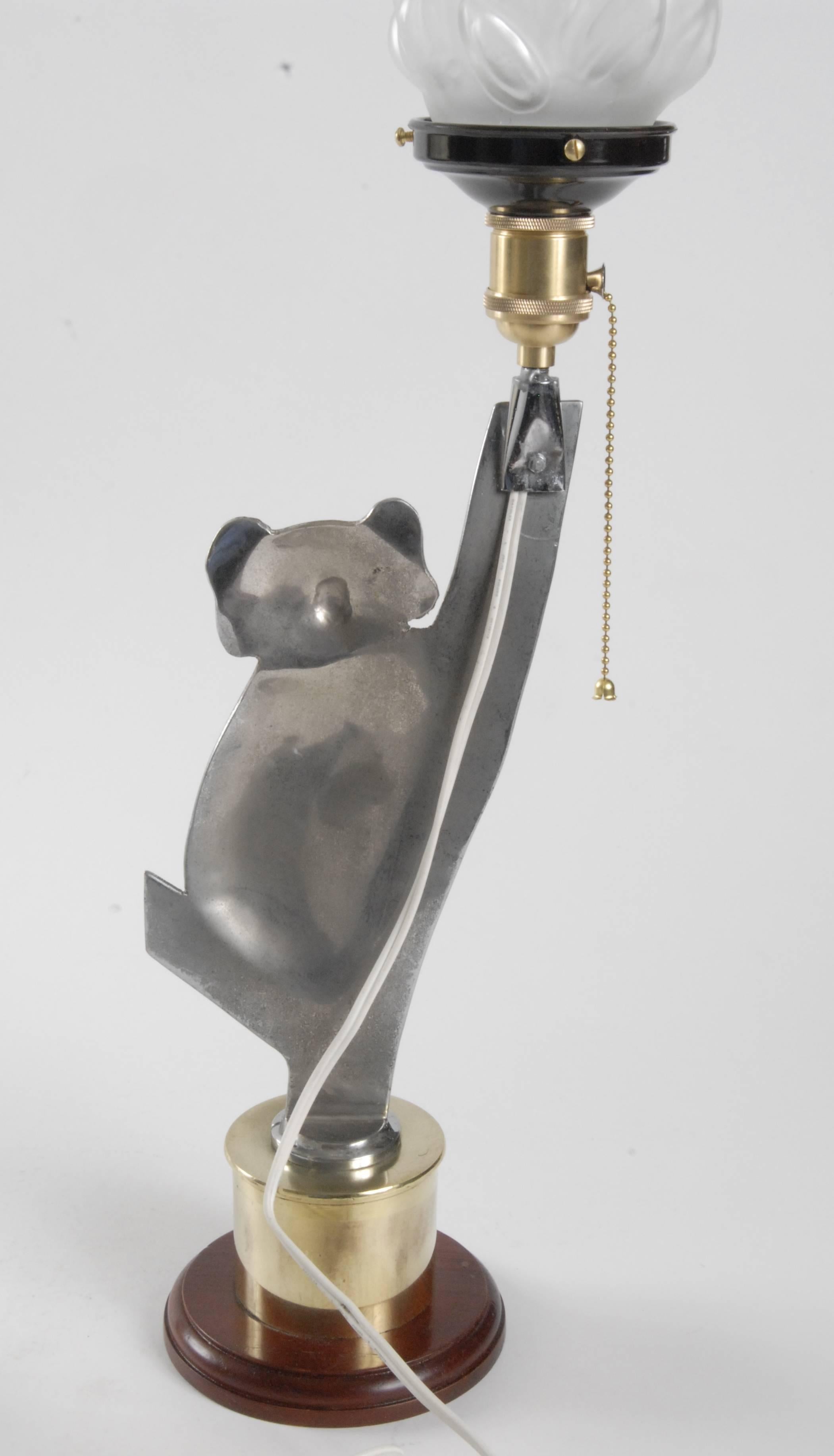 A wonderful pair of trench-art table lamps in the form of a mirror pair of Koalas.
Made from cut mortar shells, nickel plated and hand engraved to a very high standard. Fitted to polished brass shell casing ends and each with the word 'Australia'