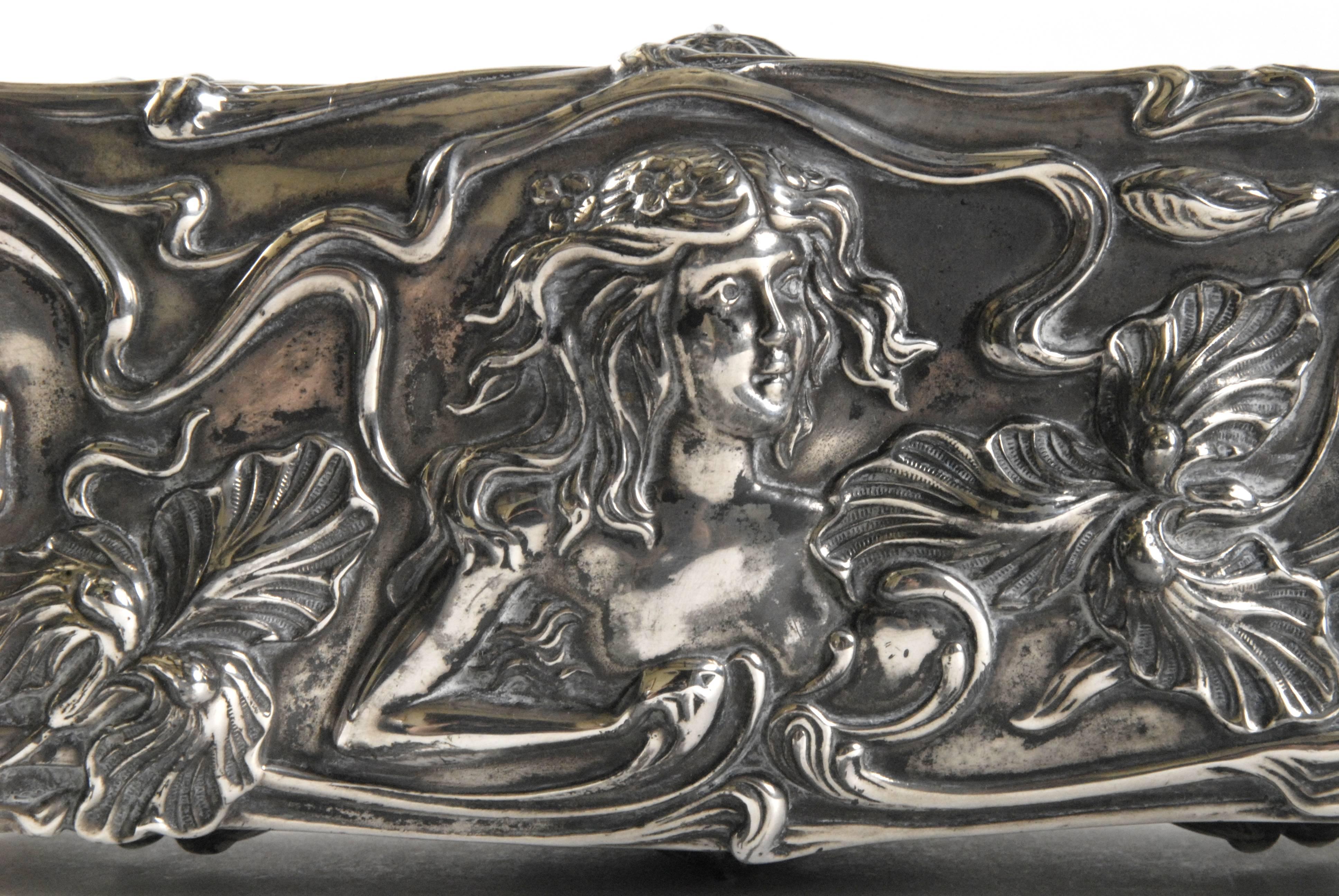 Silvered Art Nouveau Jennings Bros USA Jewelry Casket, Silverplated, 1906 For Sale