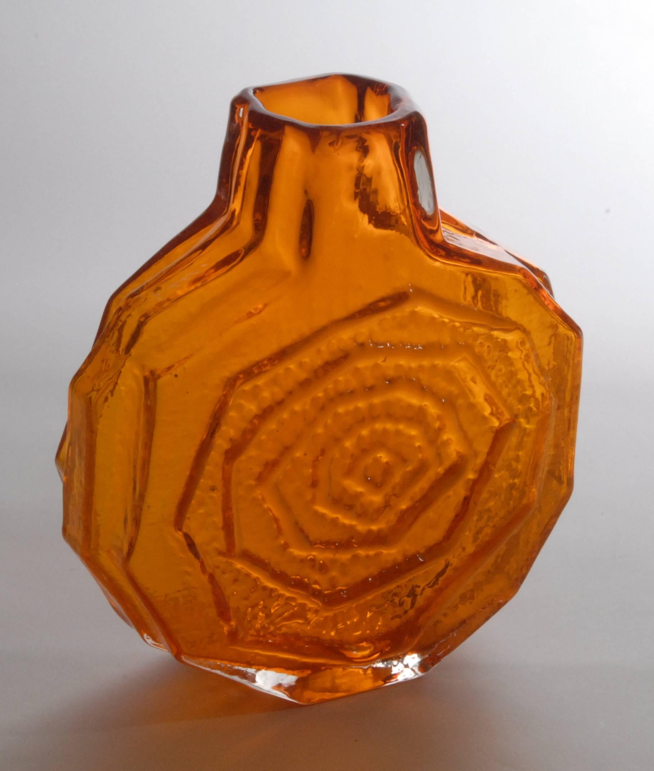 Whitefriars, London glassworks, Banjo vase designed by Geoffrey Baxter in the 'Textured' series. This is pattern number 9681. In production from 1966 until 1973 in nine colors. Tangerine was produced from November 1967 until March 1973, for a total