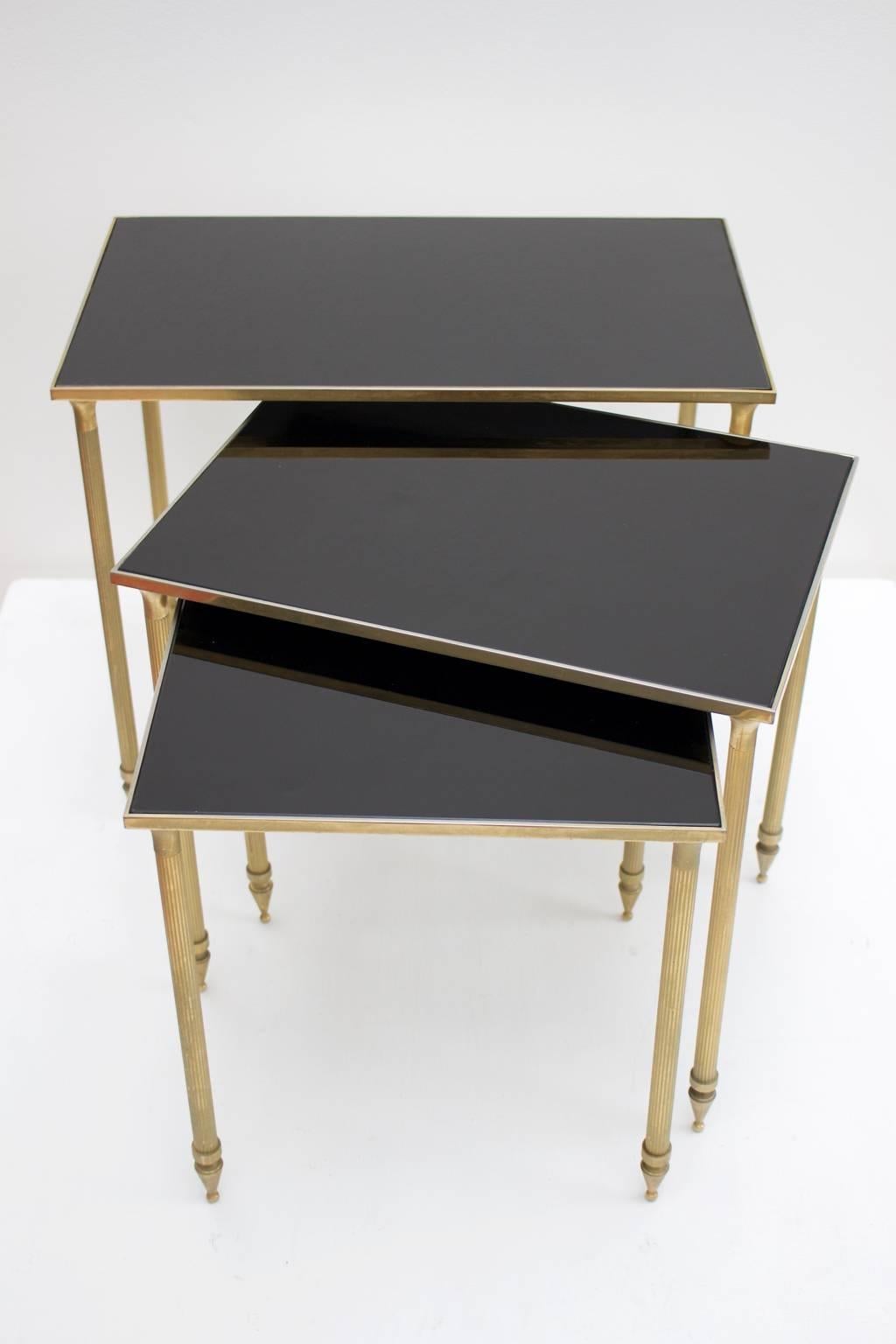 Brass Set of Side Tables with Black Glass Tops