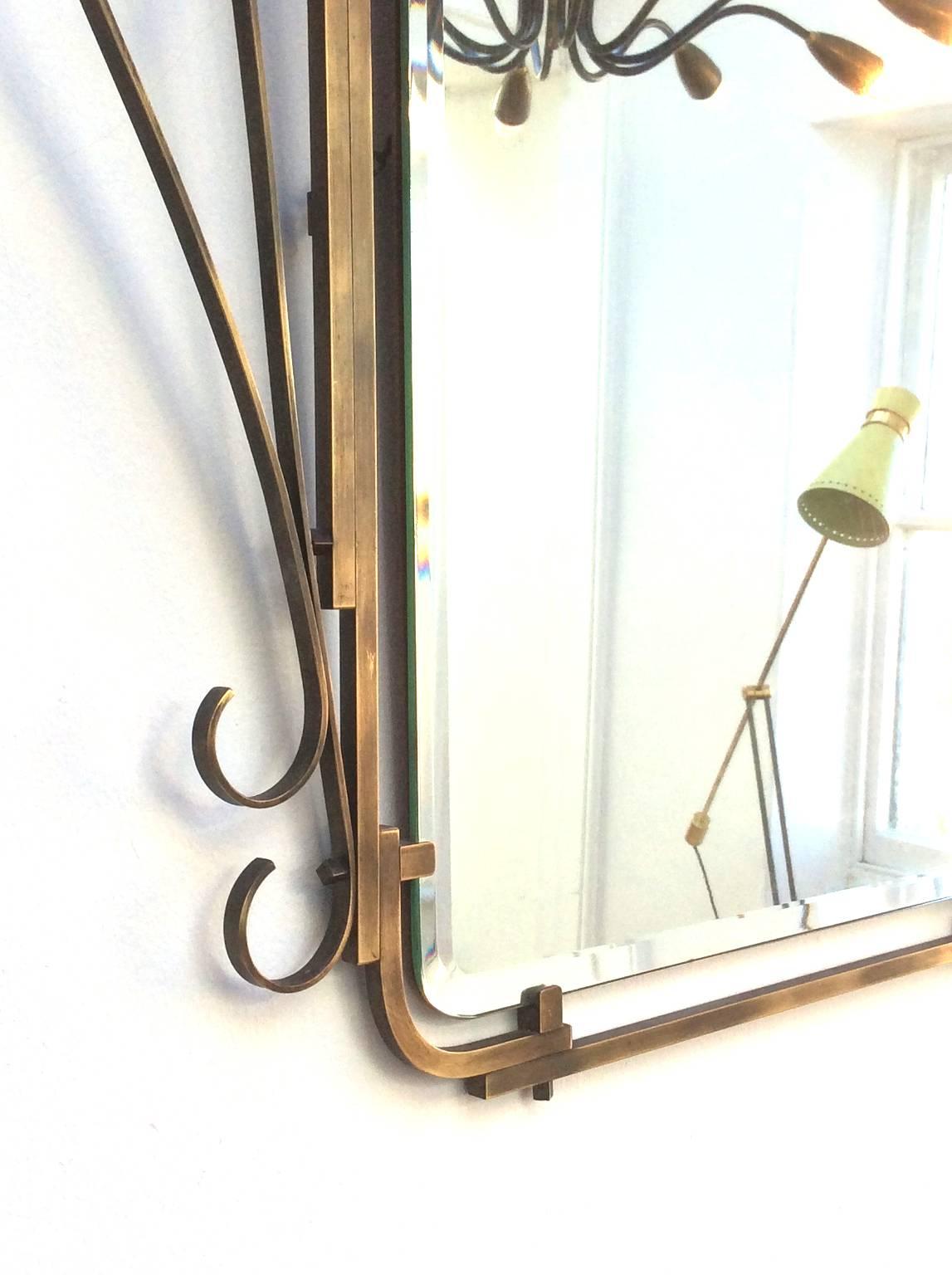 Art Deco Brass Mirror with Decorative Brass Frame