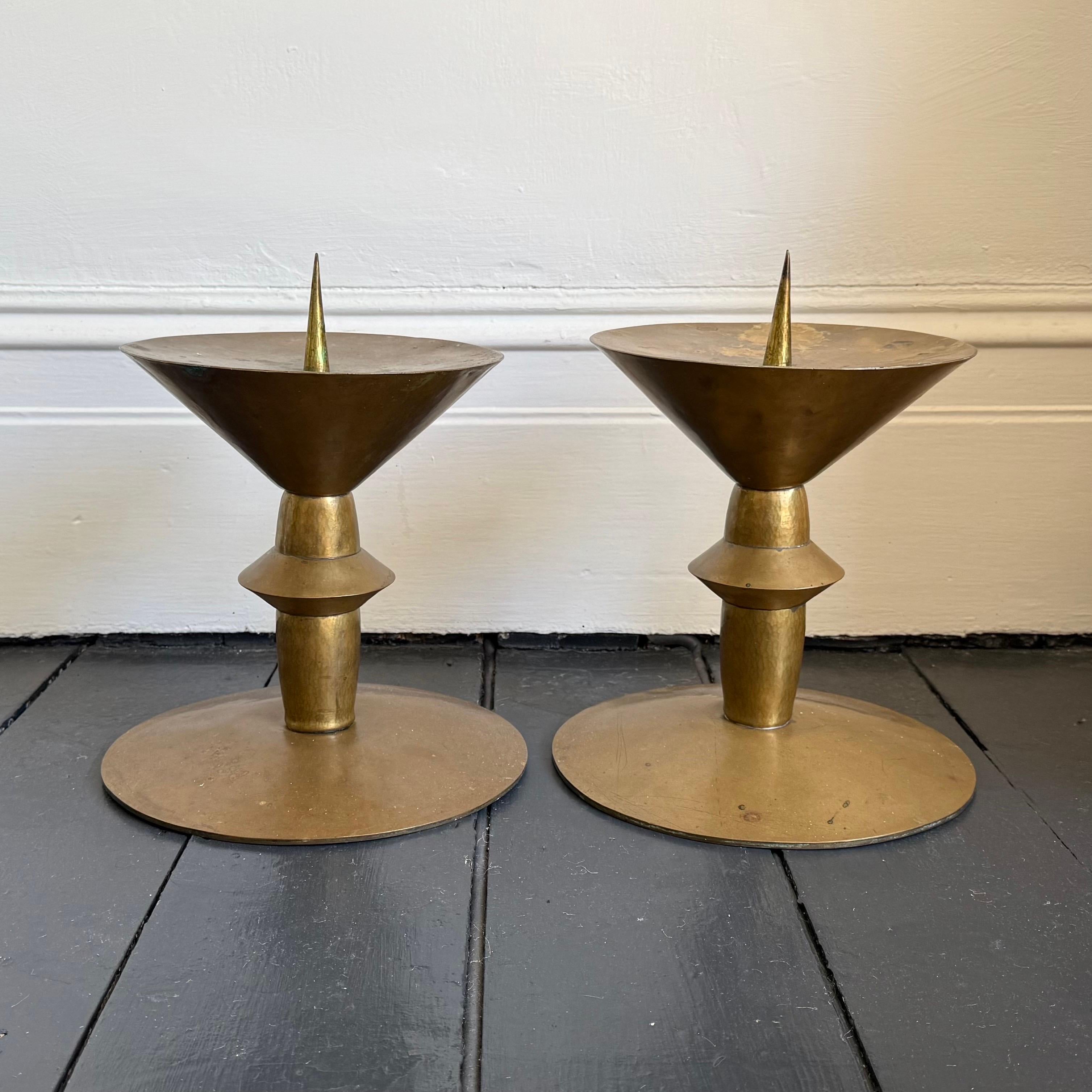 20th Century Pair of Large Art Deco Brass Candleholders For Sale