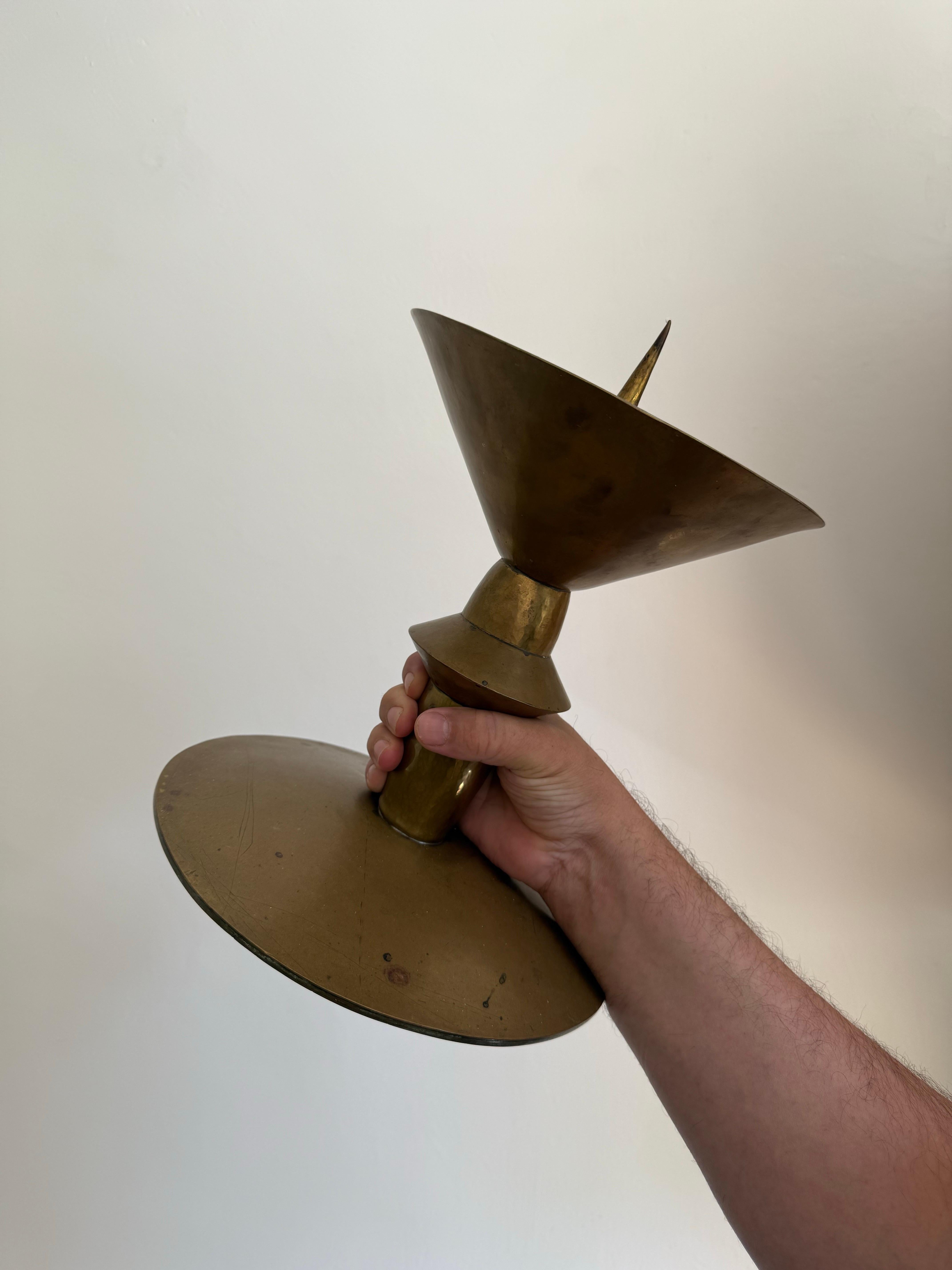 Pair of Large Art Deco Brass Candleholders In Fair Condition For Sale In London, GB