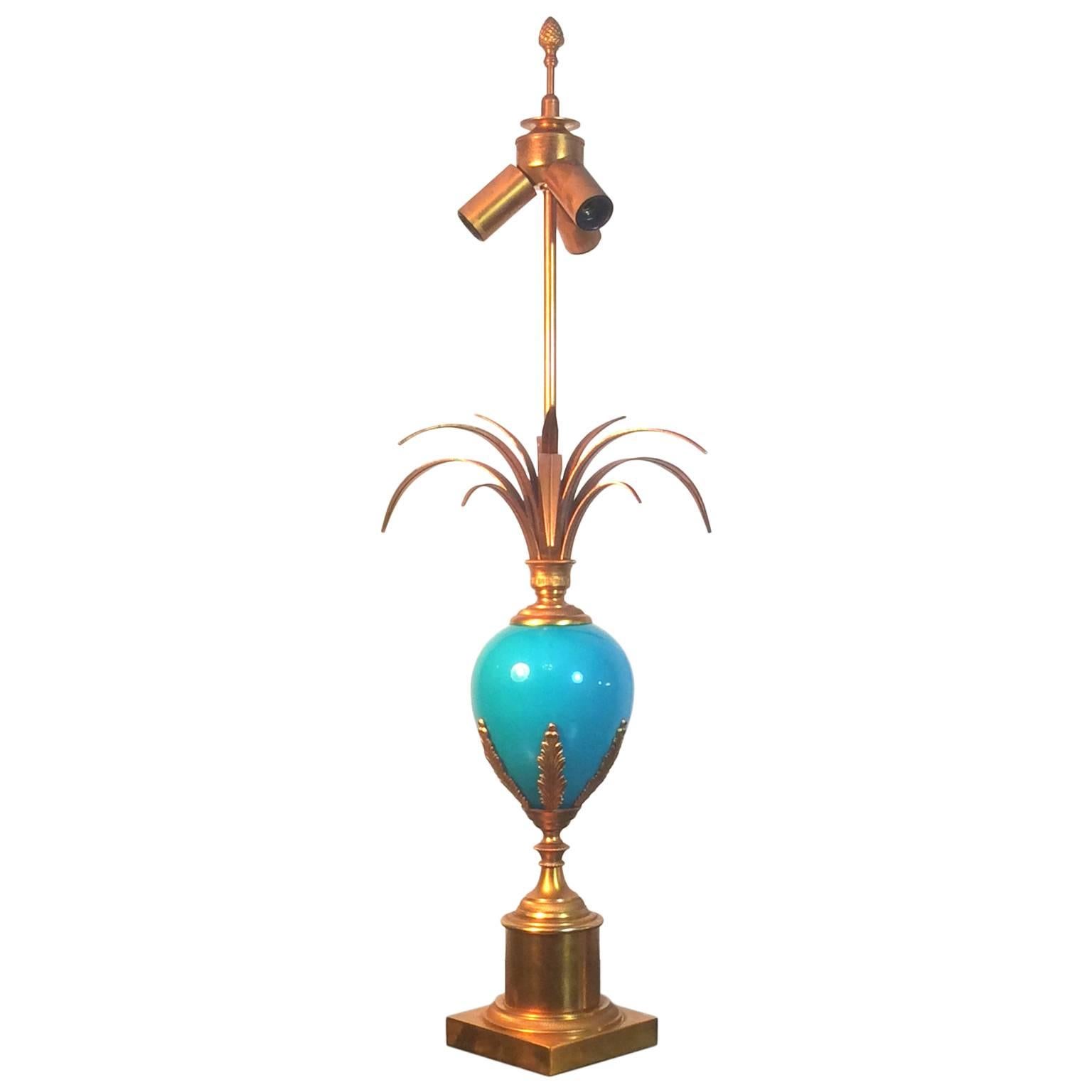 Midcentury Table Lamp with Blue Glass Egg in the Style of Maison Charles, France