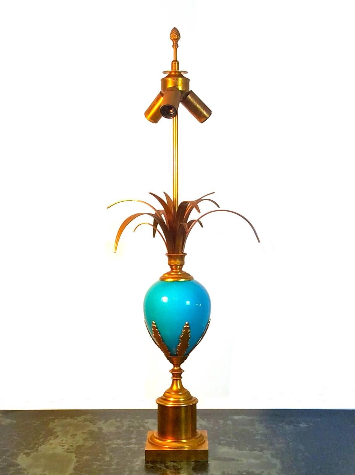 Hollywood Regency Midcentury Table Lamp with Blue Glass Egg in the Style of Maison Charles, France