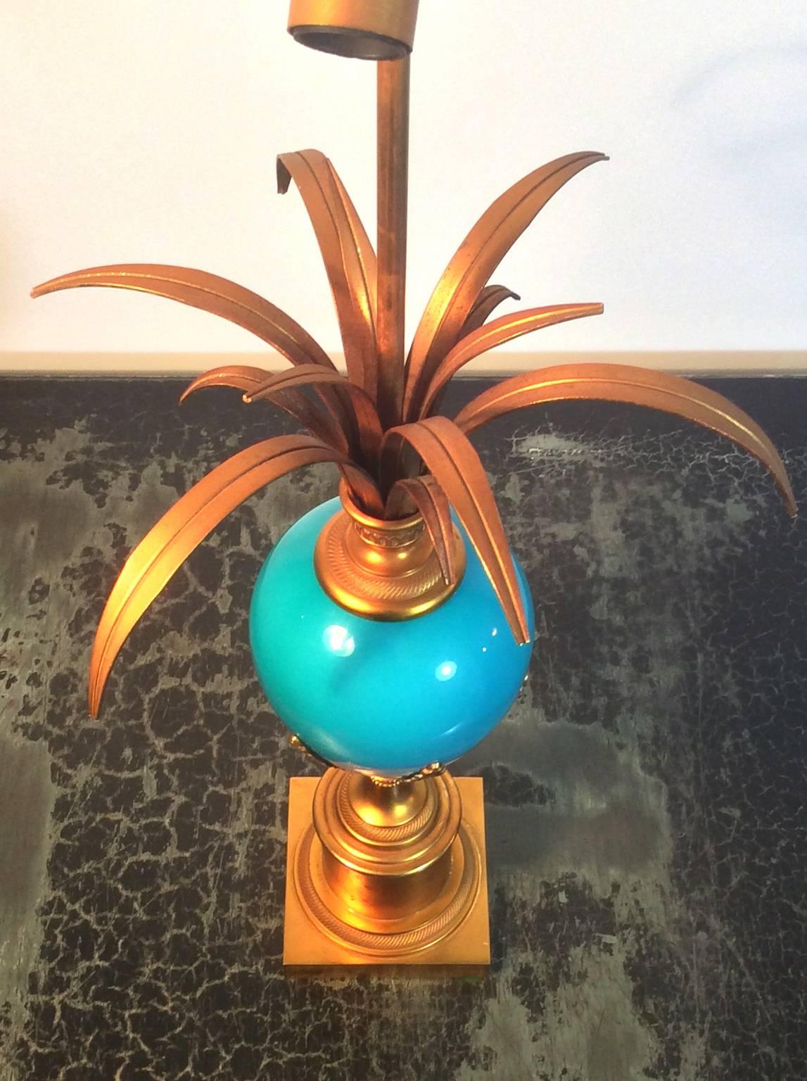 French Midcentury Table Lamp with Blue Glass Egg in the Style of Maison Charles, France
