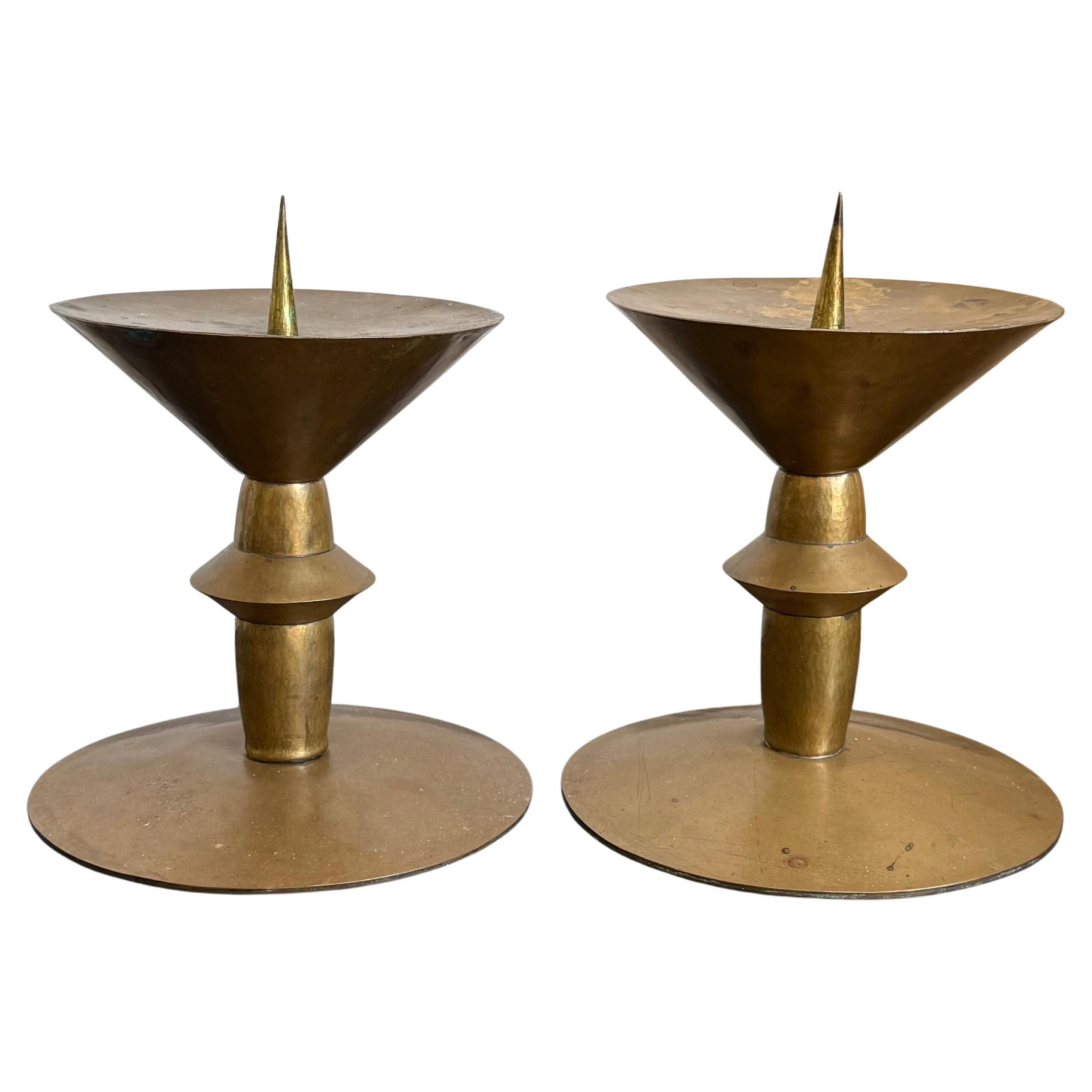Pair of Large Art Deco Brass Candleholders For Sale